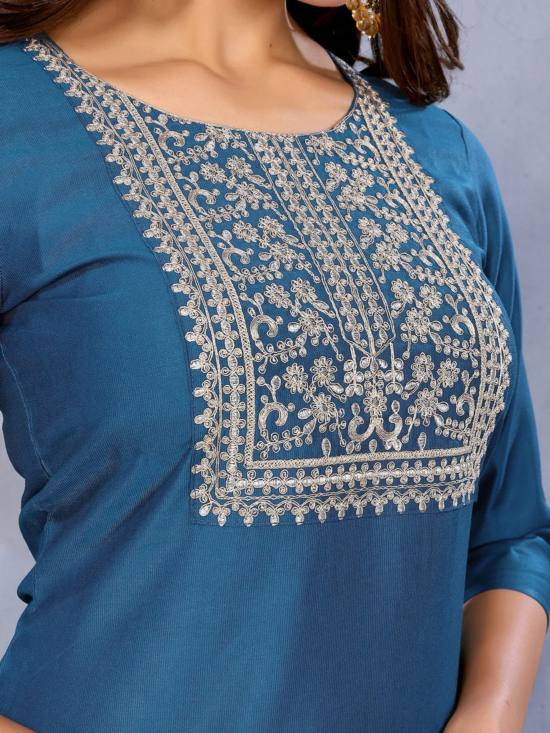 Buy Viscose Embroidered Straight Calf Length Kurta-Navy Blue
