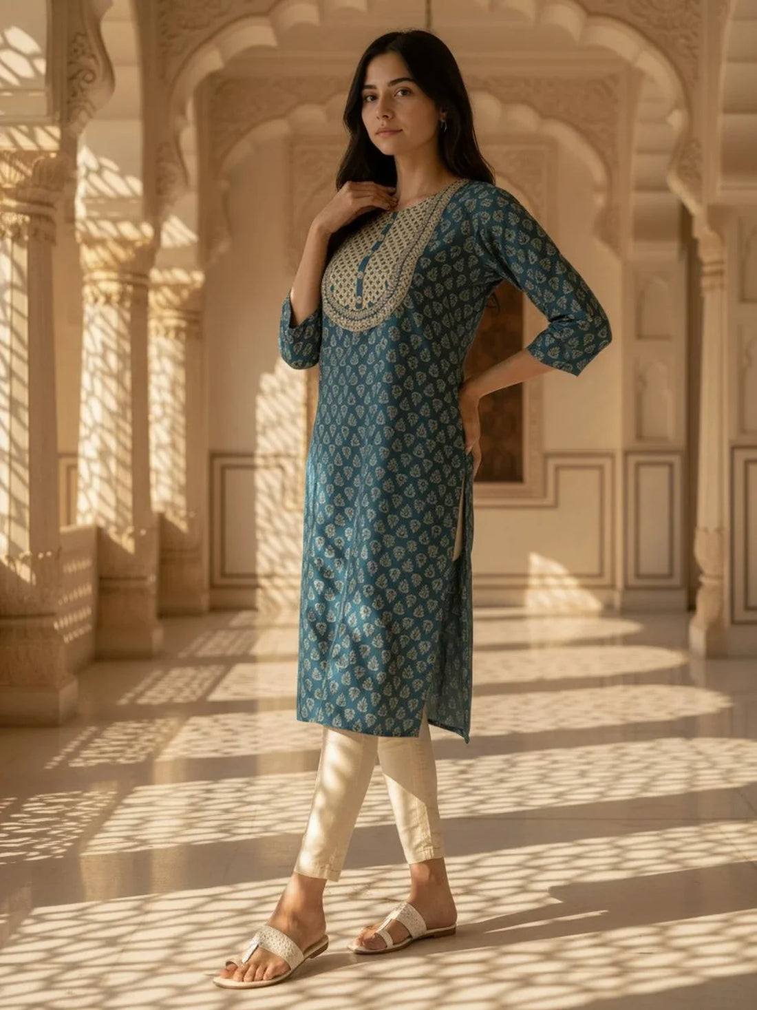 Buy Viscose Embroidered Straight Calf Length Kurta-Teal