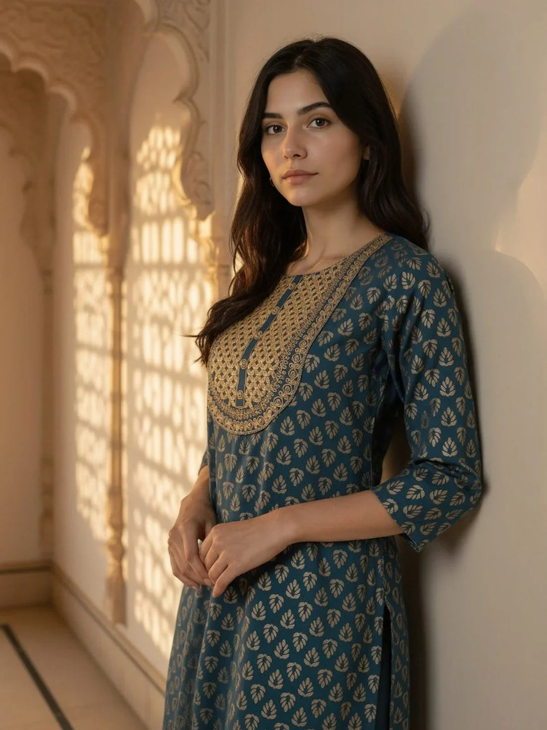 Buy Viscose Embroidered Straight Calf Length Kurta-Teal