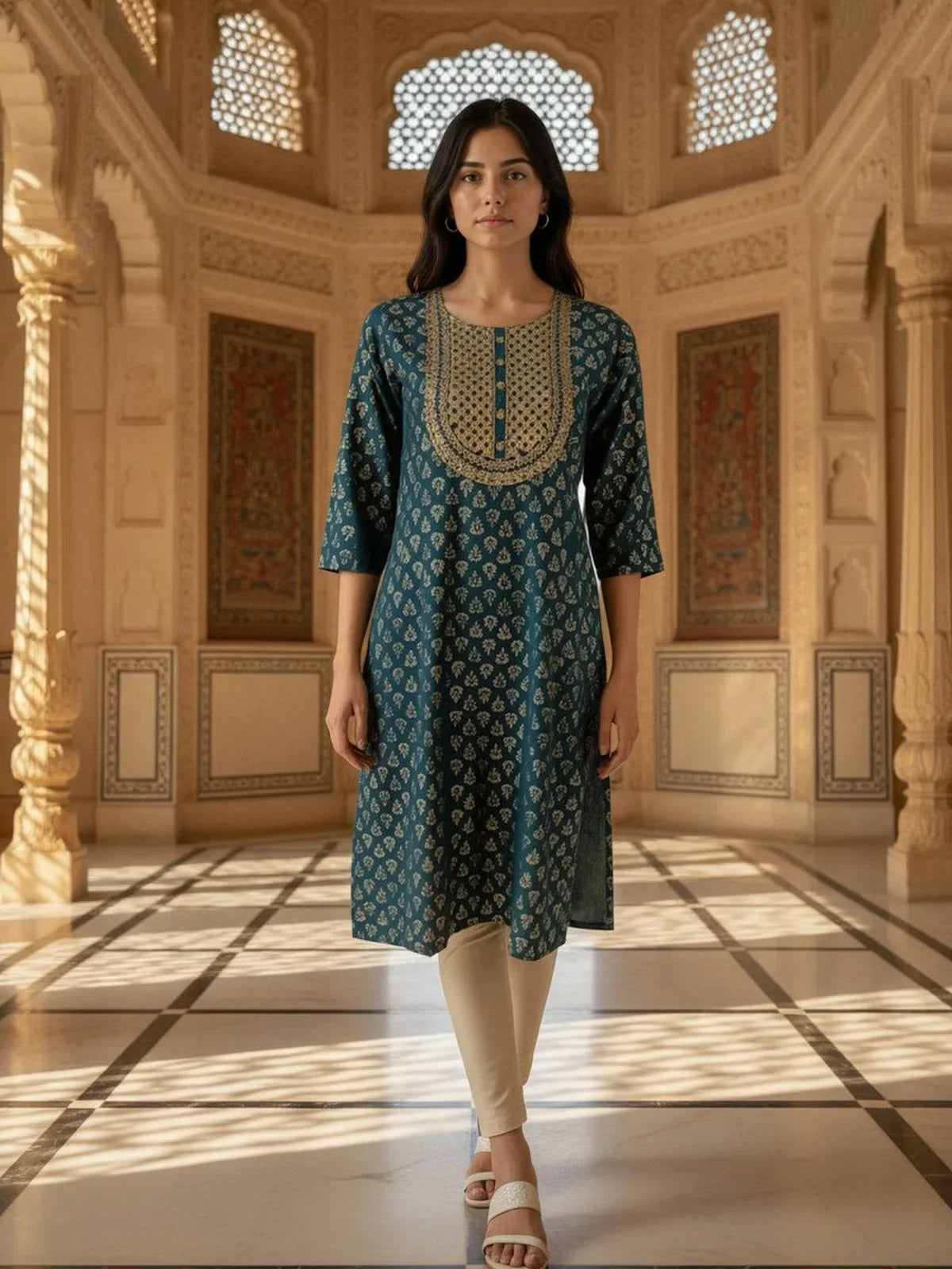 Buy Viscose Embroidered Straight Calf Length Kurta-Teal