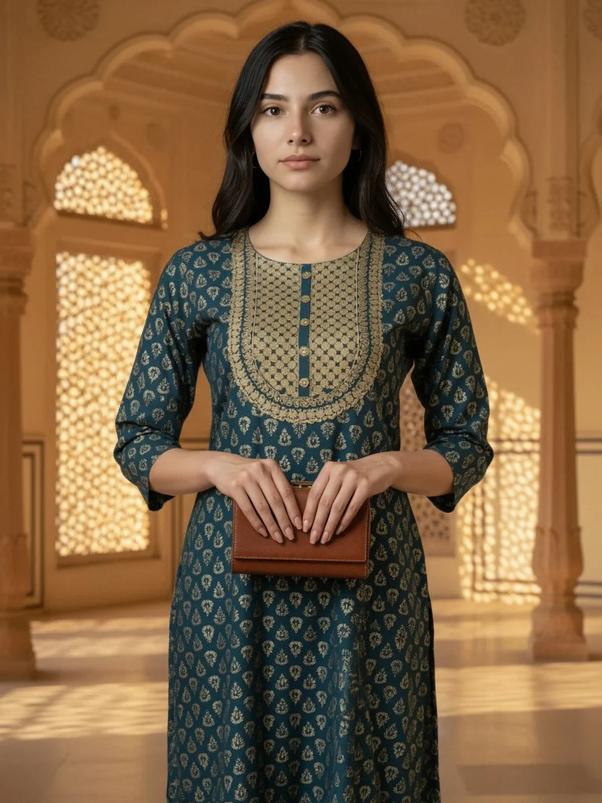 Buy Viscose Embroidered Straight Calf Length Kurta-Teal