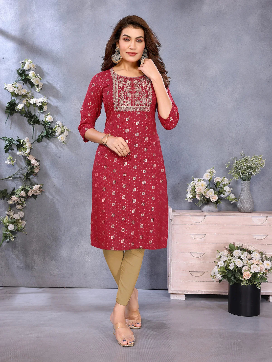 Buy Viscose Embroidered Straight Calf Length Kurta-Maroon