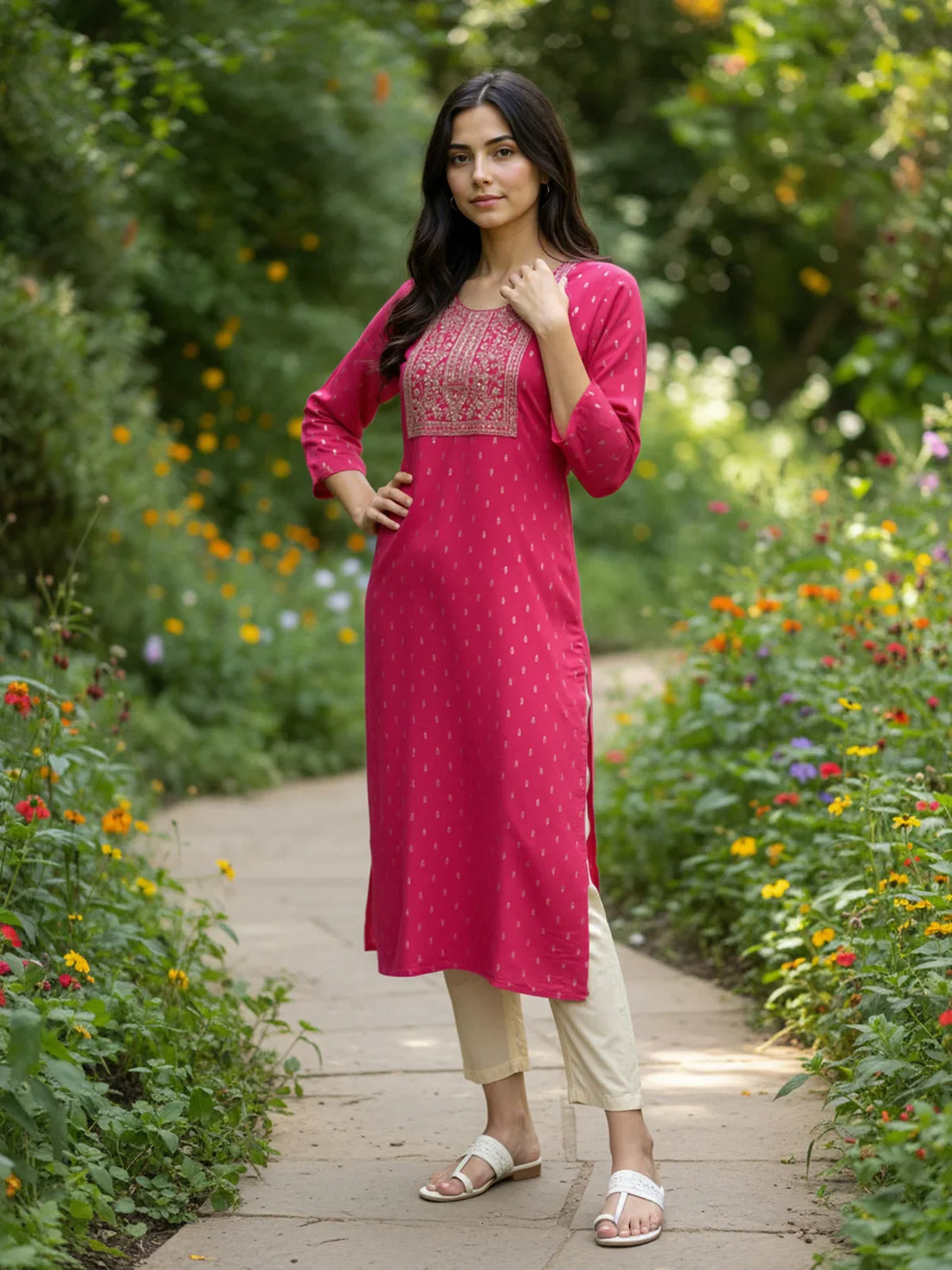 Buy Viscose Embroidered Straight Calf Length Kurta-Pink