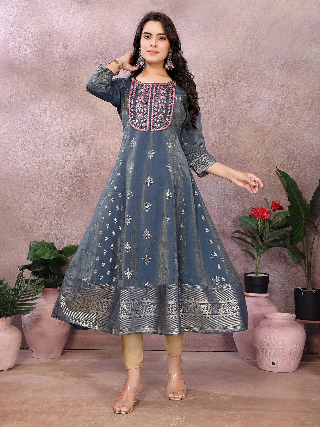 Buy Viscose Poly Printed Anarkali Calf Length Kurta-Grey