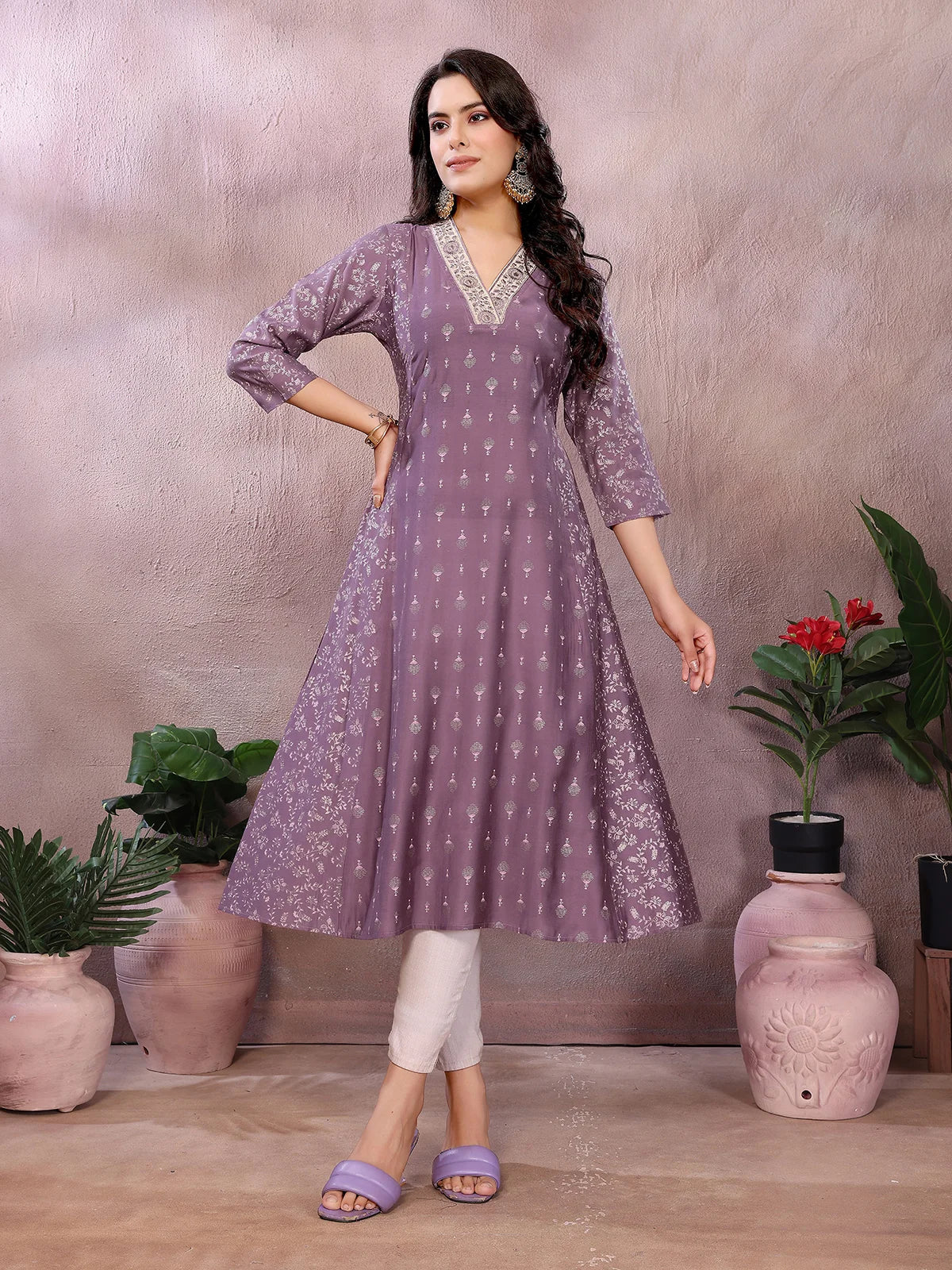 Buy Viscose Poly Printed Flared Calf Length Kurta-Purple