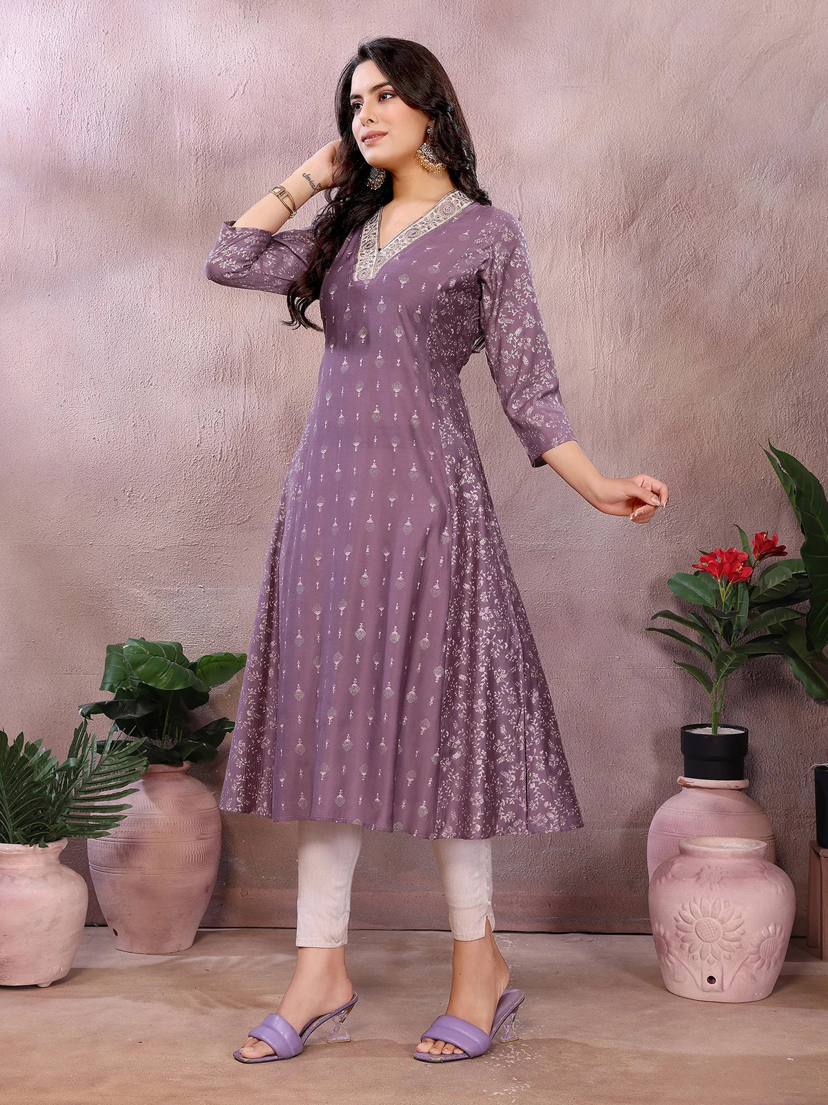 Buy Viscose Poly Printed Flared Calf Length Kurta-Purple