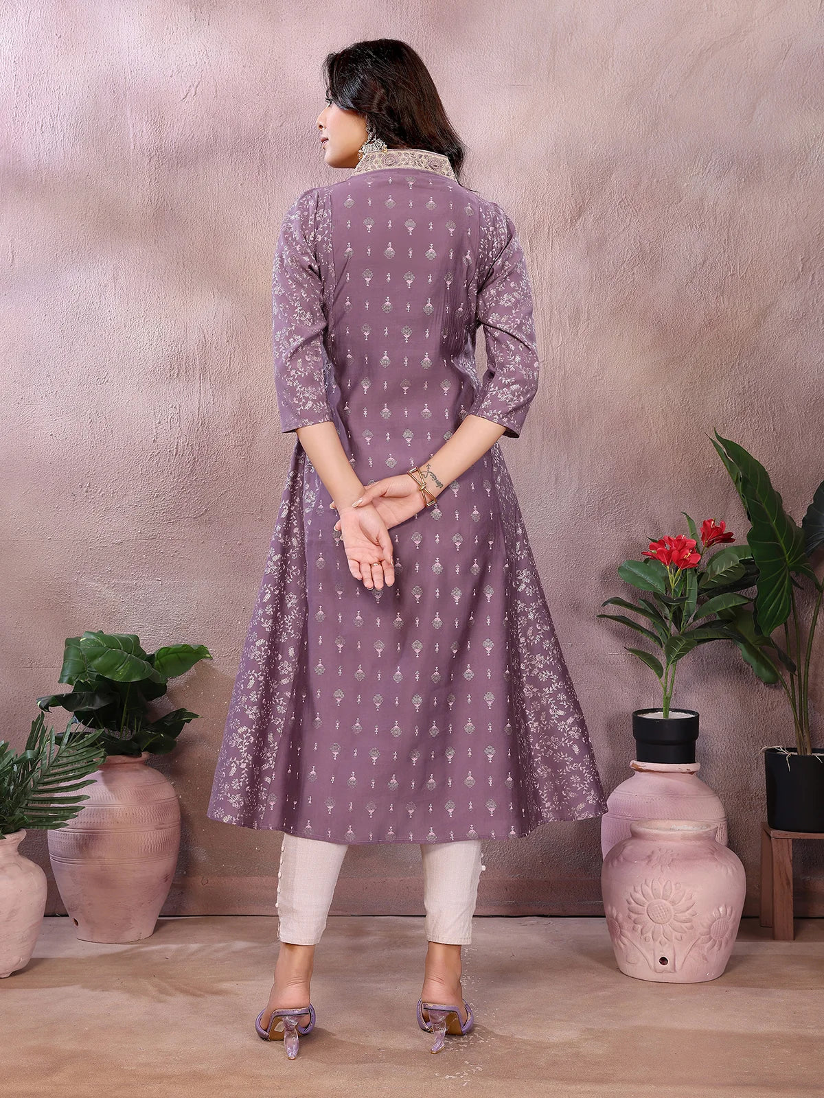 Buy Viscose Poly Printed Flared Calf Length Kurta-Purple
