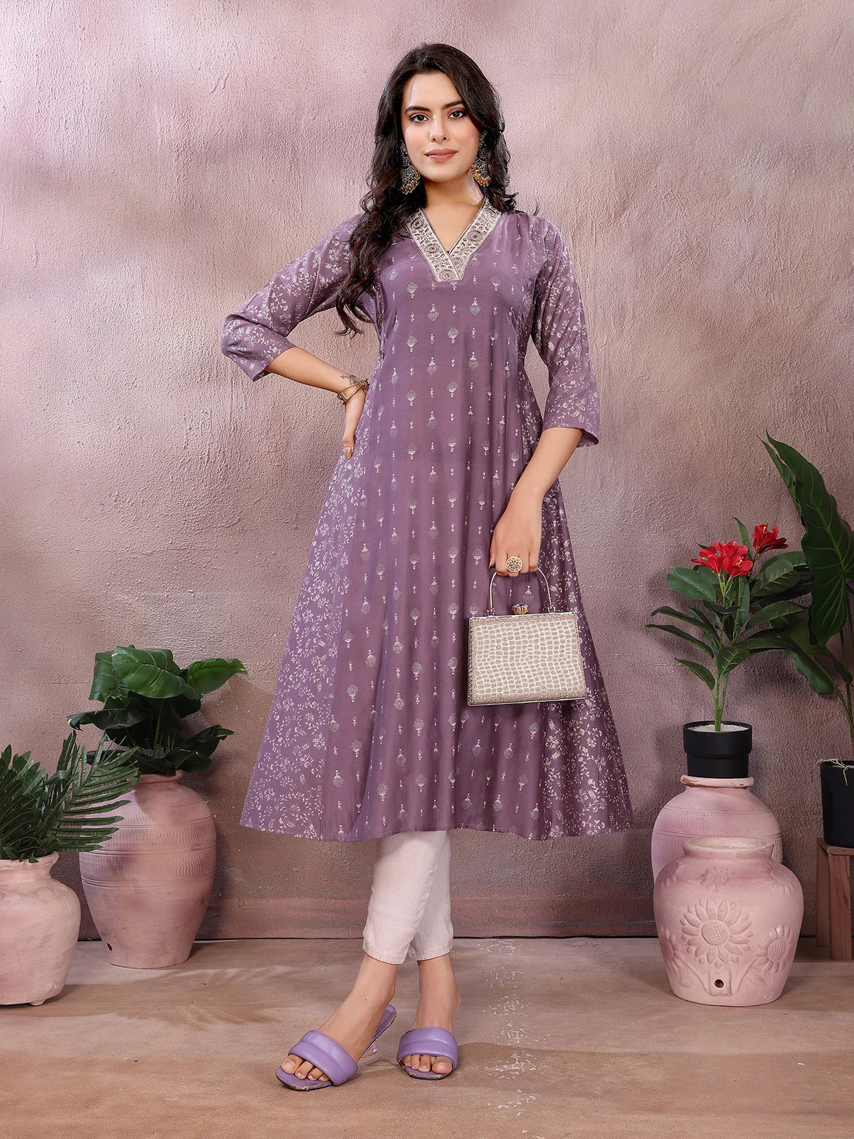 Buy Viscose Poly Printed Flared Calf Length Kurta-Purple