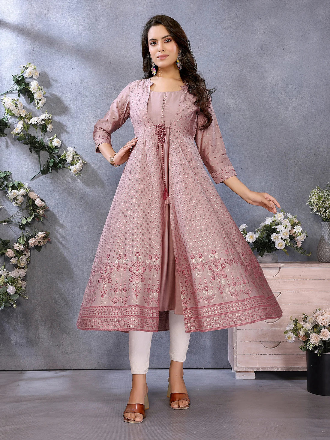 Buy Viscose Poly Printed Anarkali Calf Length Kurta-Mauve