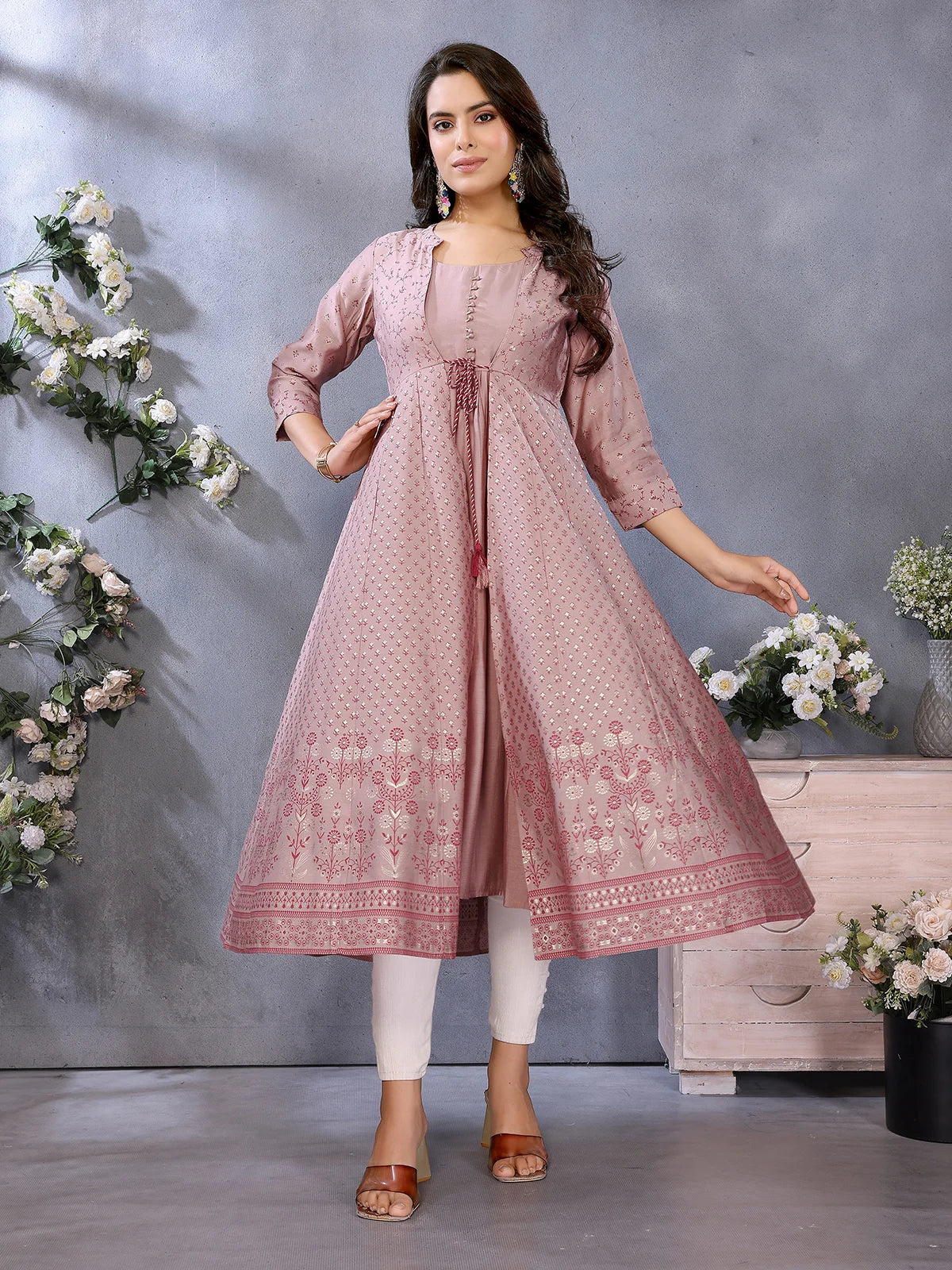 Buy Viscose Poly Printed Anarkali Calf Length Kurta-Mauve