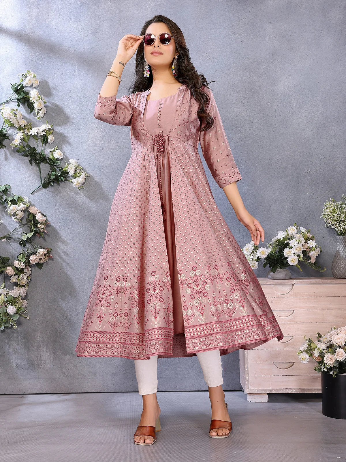 Buy Viscose Poly Printed Anarkali Calf Length Kurta-Mauve