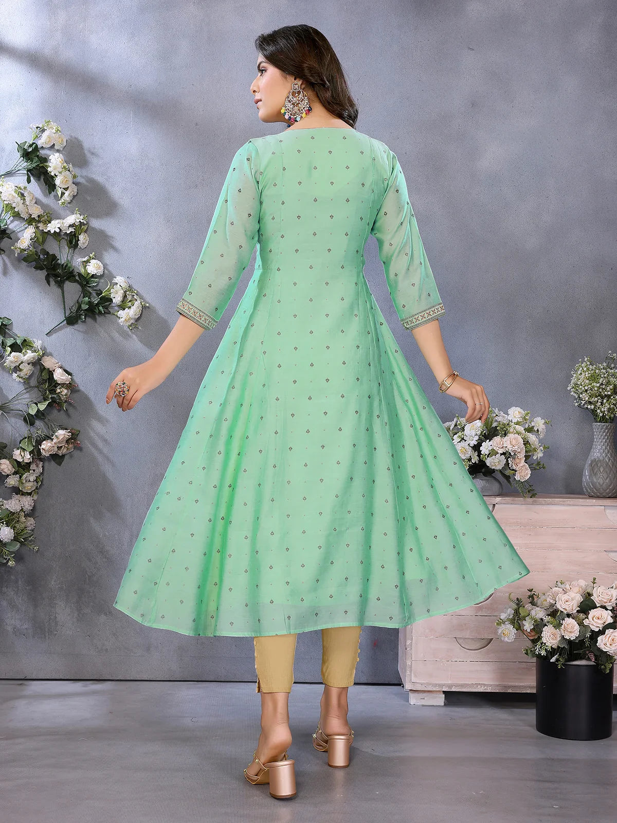 Buy Viscose Poly Printed Flared Calf Length Kurta-Green