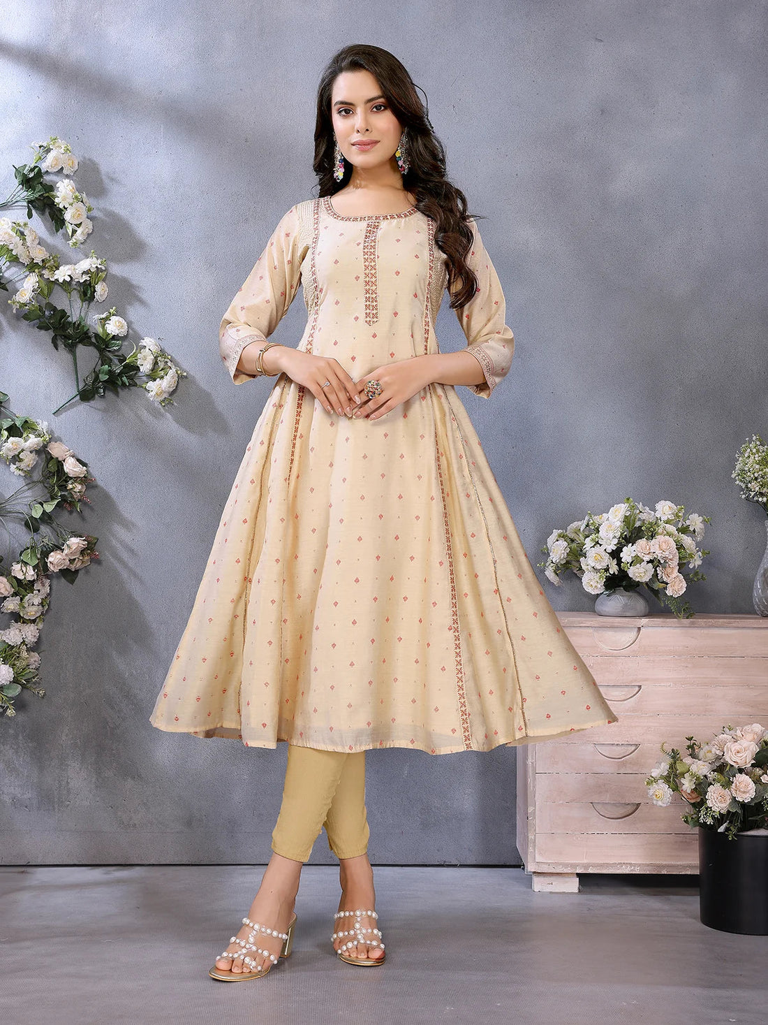 Buy Viscose Poly Printed Flared Calf Length Kurta-Off White