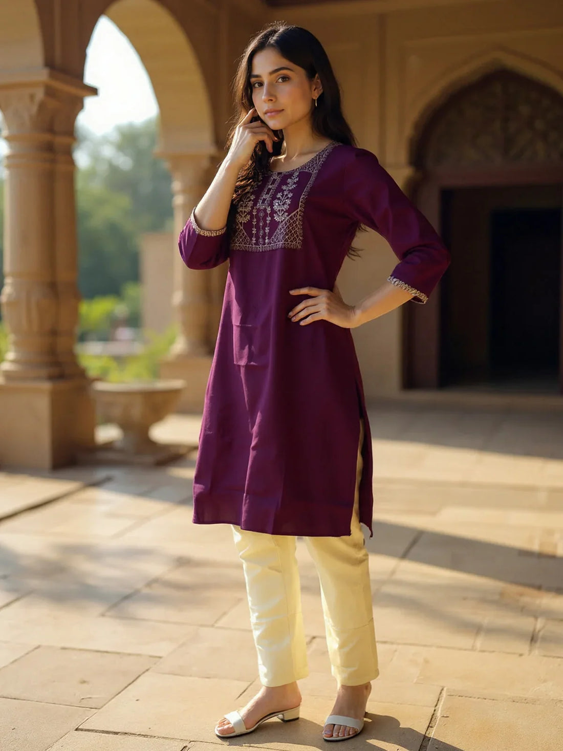 Buy Poly Viscose Embroidered Straight Calf Length Kurta-Wine