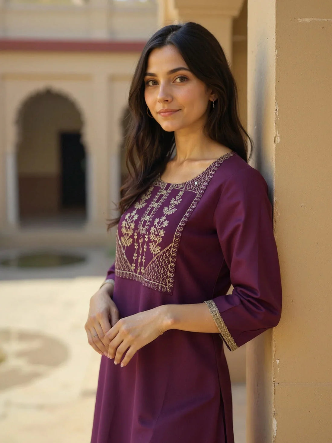 Buy Poly Viscose Embroidered Straight Calf Length Kurta-Wine