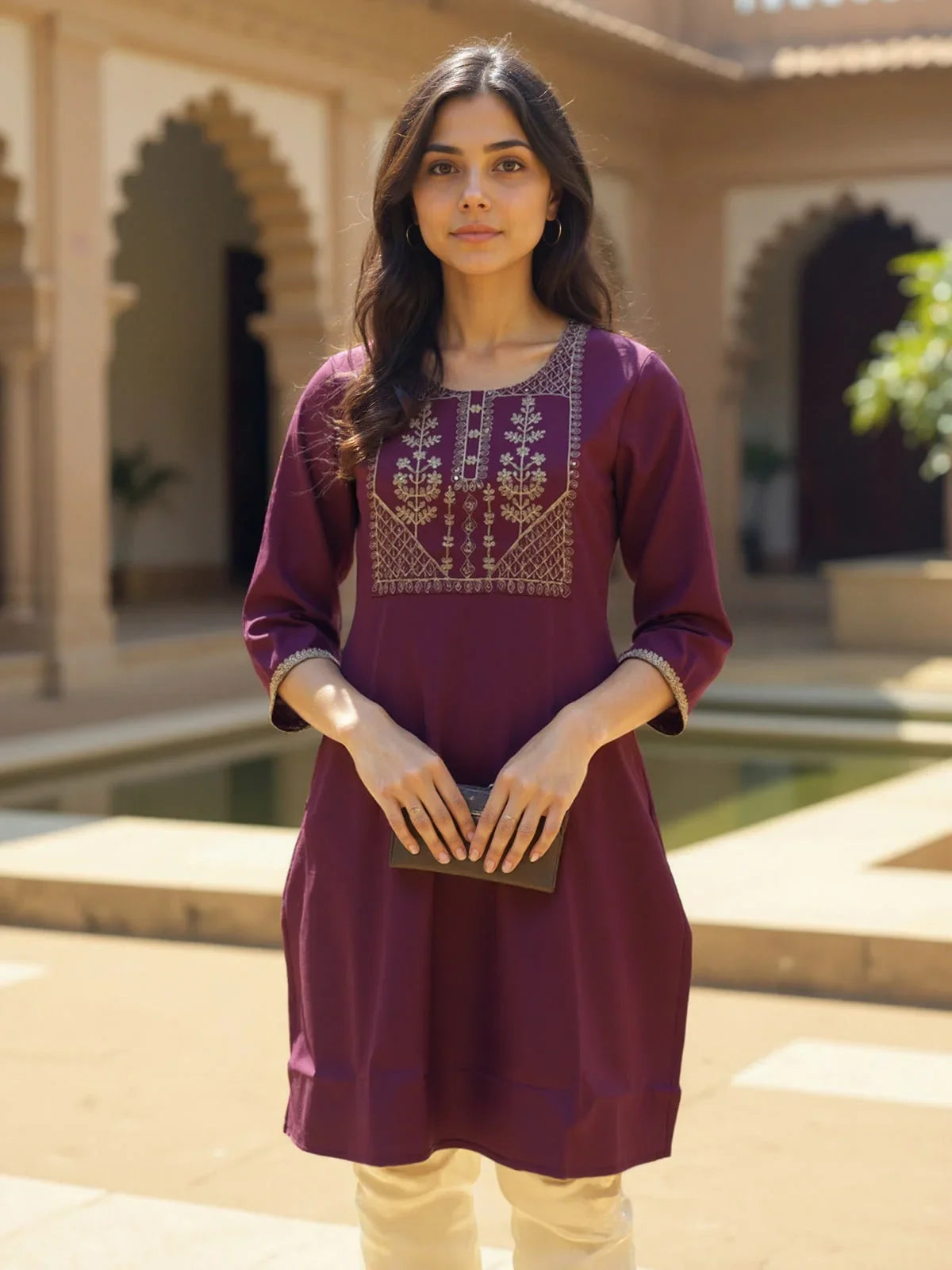 Buy Poly Viscose Embroidered Straight Calf Length Kurta-Wine