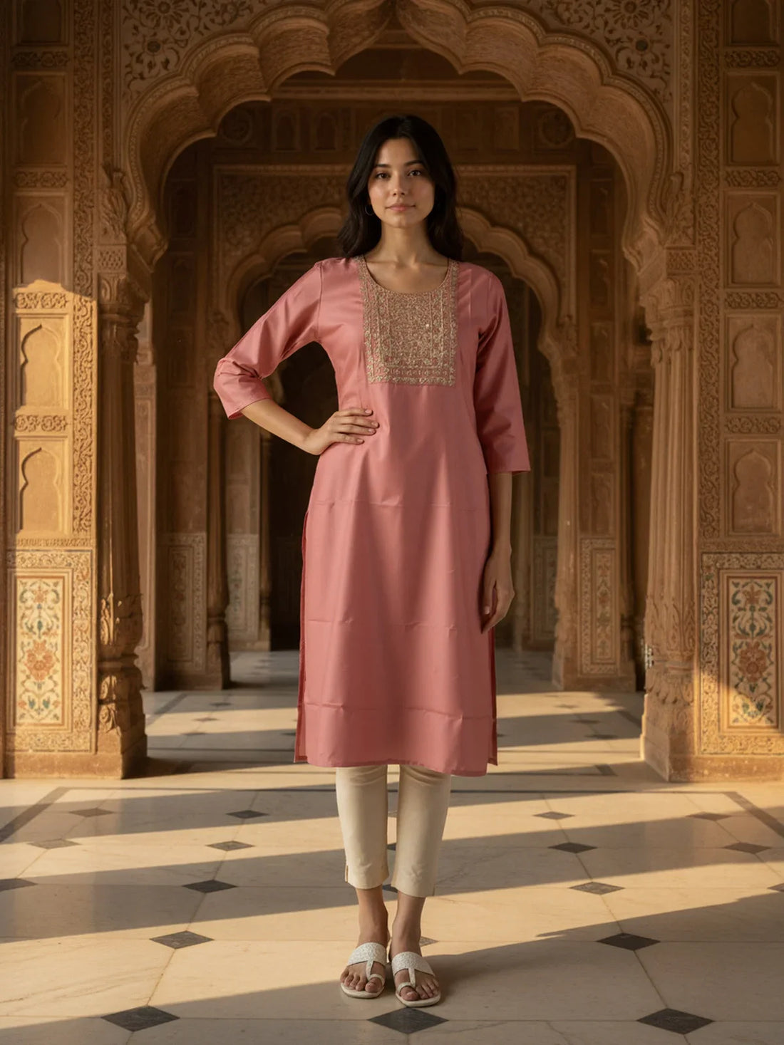 Buy Poly Viscose Embroidered Straight Calf Length Kurta-Pink