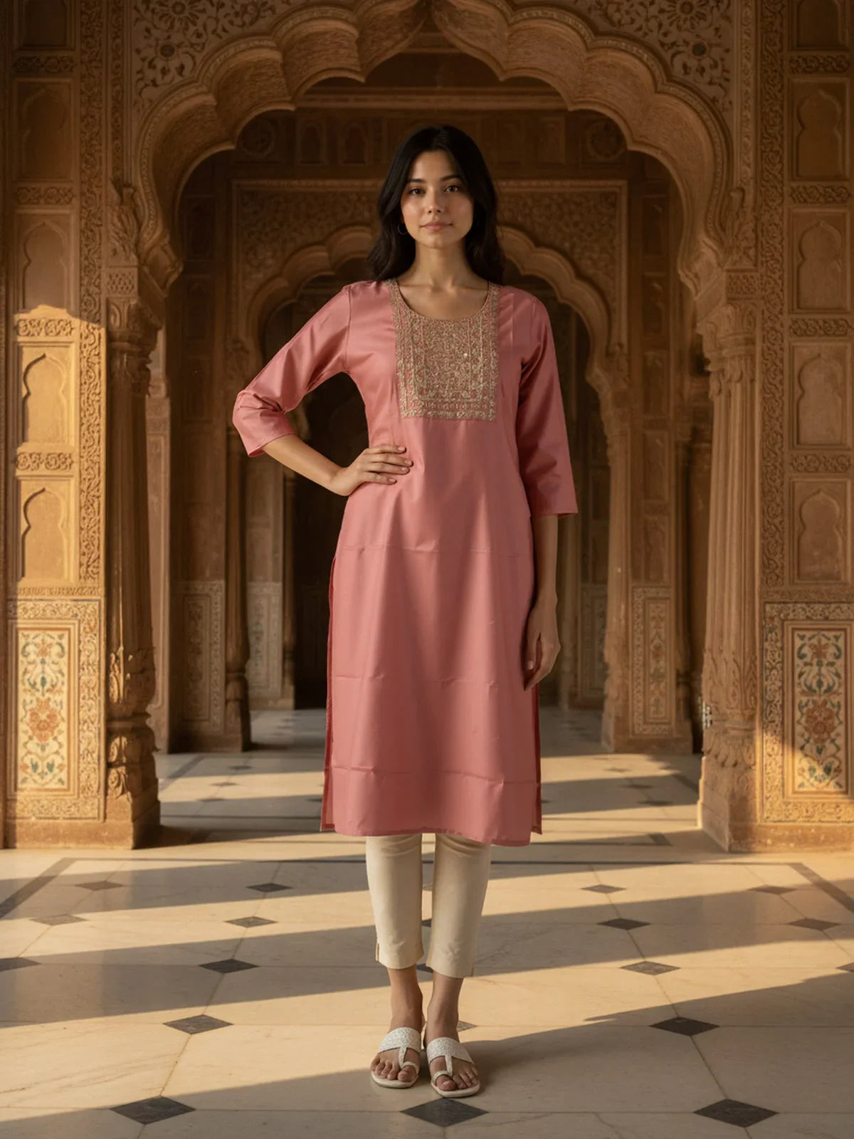Buy Poly Viscose Embroidered Straight Calf Length Kurta-Pink