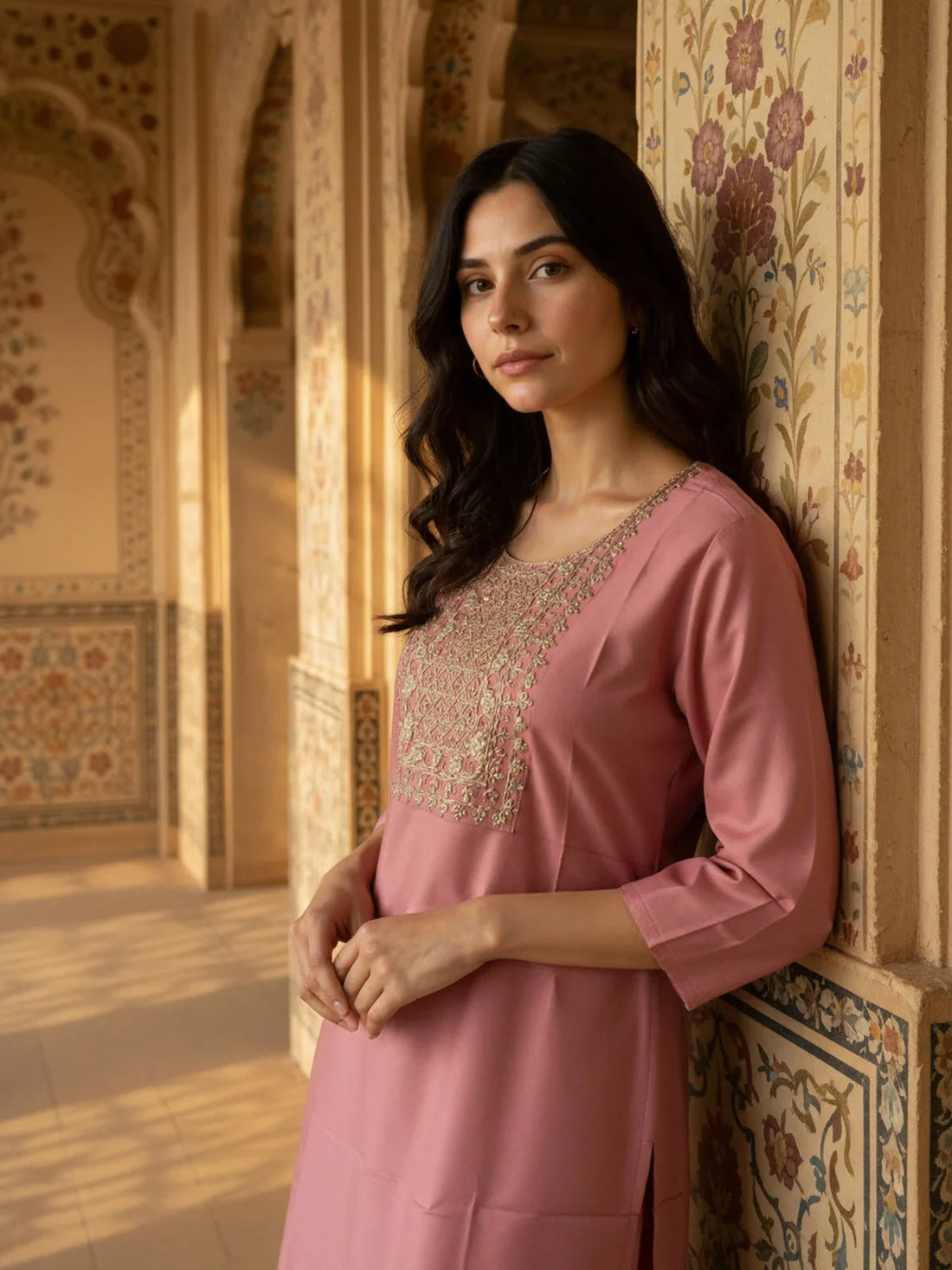 Buy Poly Viscose Embroidered Straight Calf Length Kurta-Pink