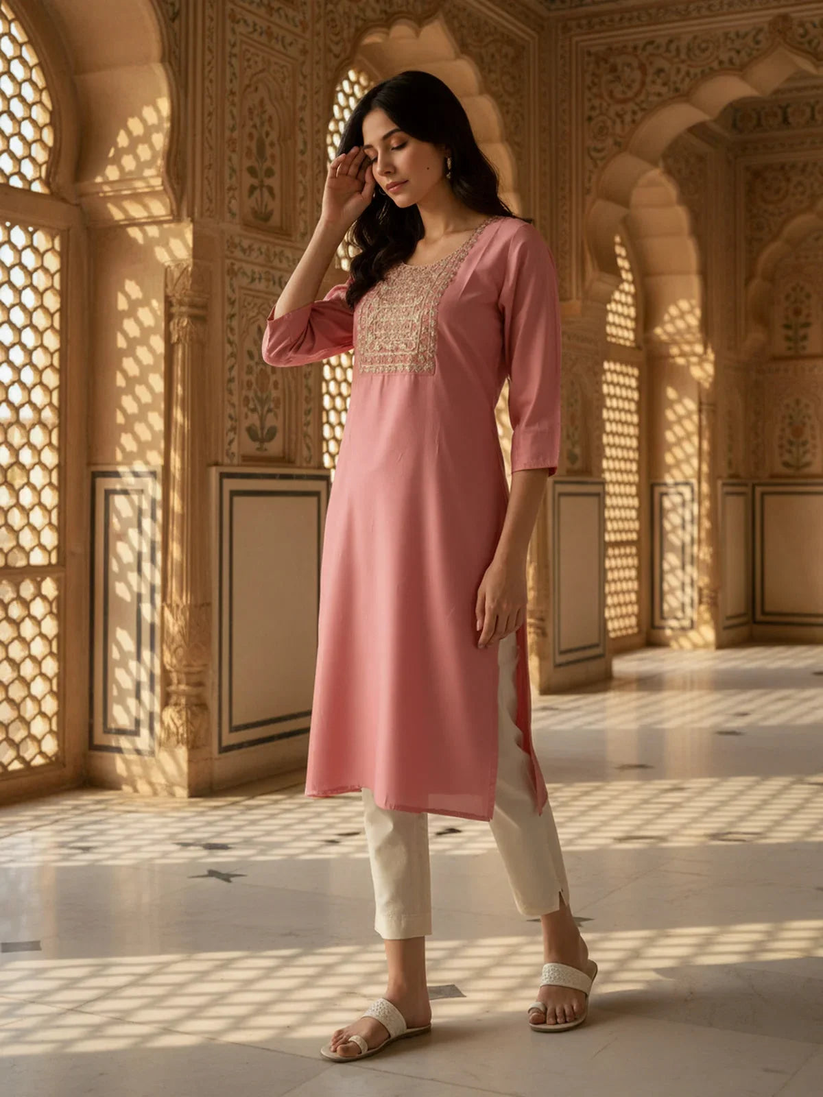 Buy Poly Viscose Embroidered Straight Calf Length Kurta-Pink