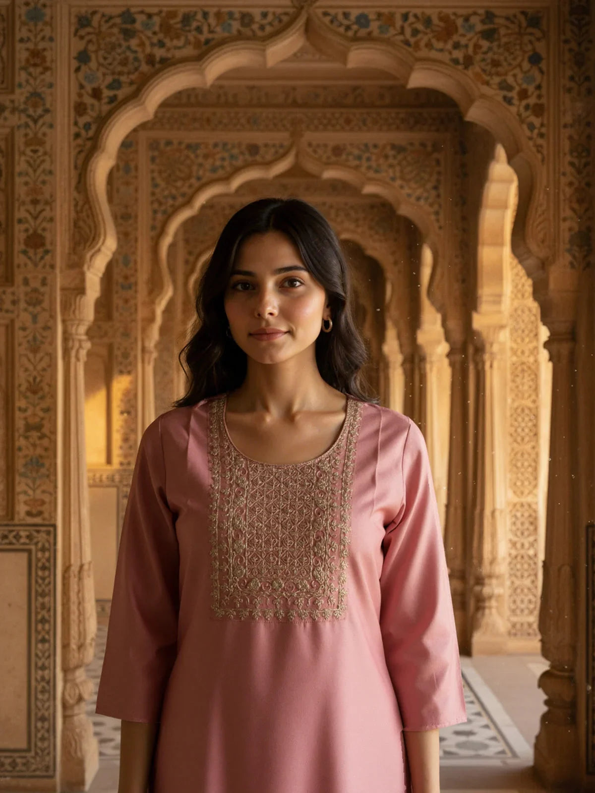 Buy Poly Viscose Embroidered Straight Calf Length Kurta-Pink