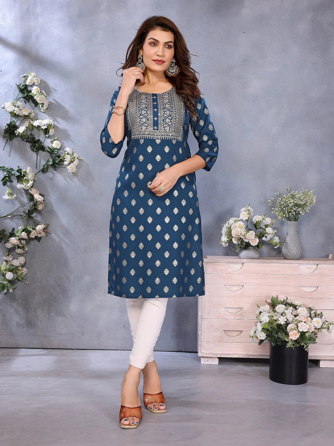 Buy Viscose Poly Embroidered Straight Calf Length Kurta-Blue