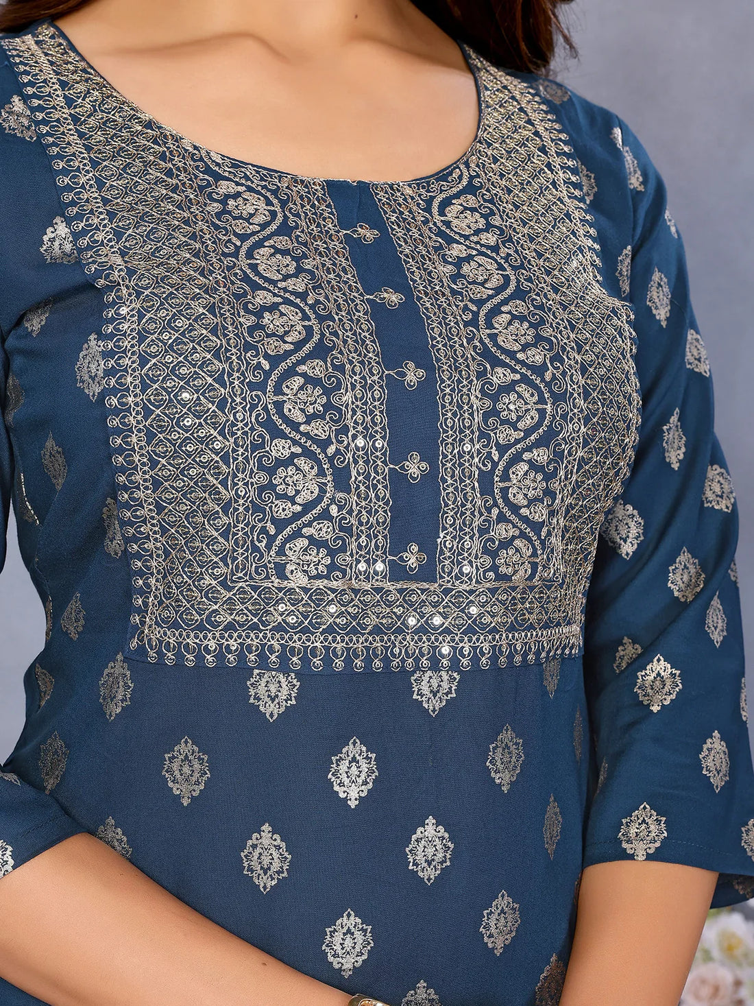 Buy Viscose Poly Embroidered Straight Calf Length Kurta-Blue