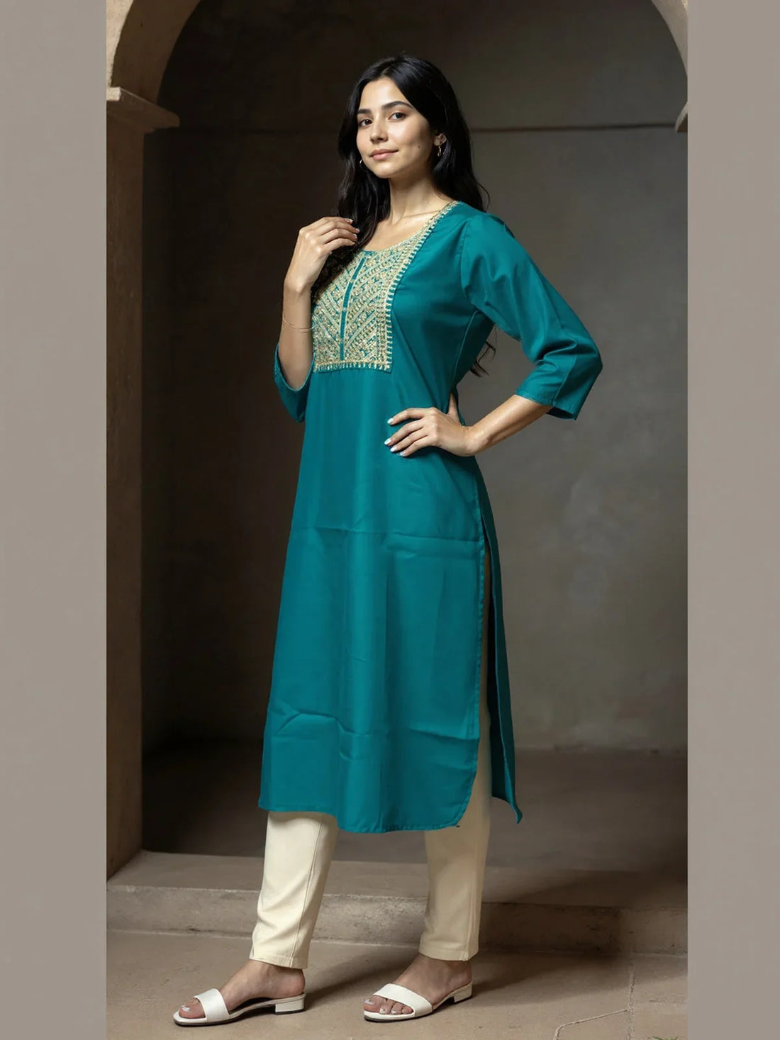 Buy Poly Viscose Embroidered Straight Calf Length Kurta-Green