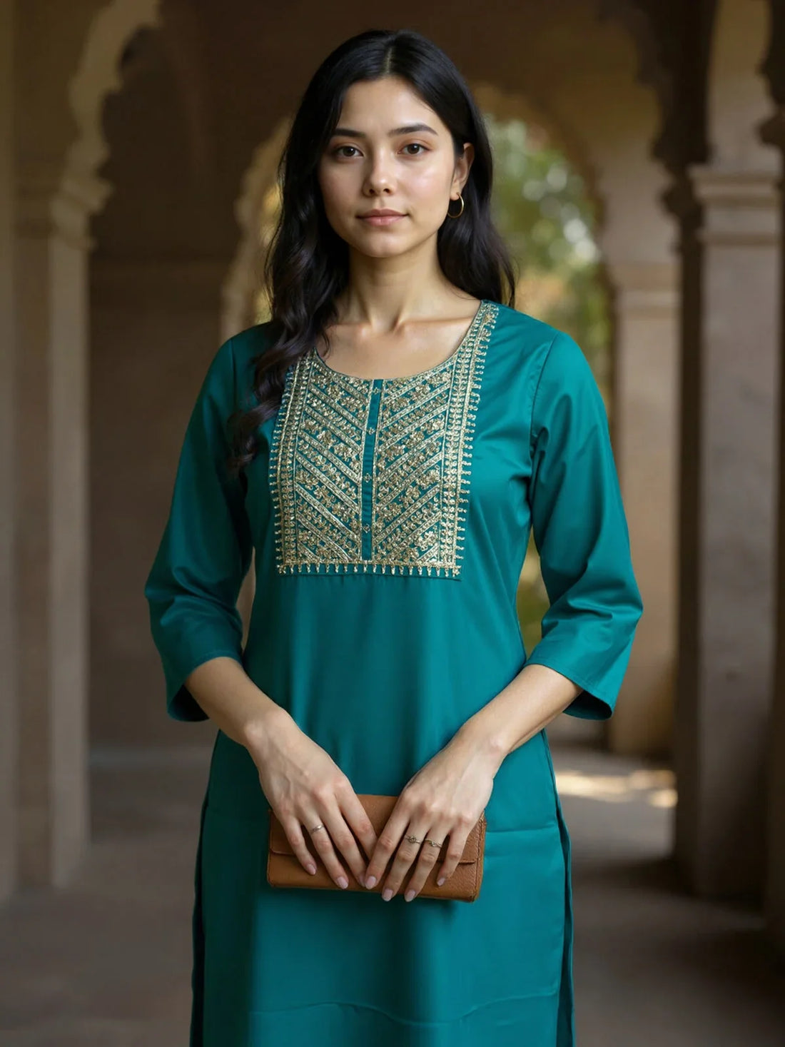 Buy Poly Viscose Embroidered Straight Calf Length Kurta-Green