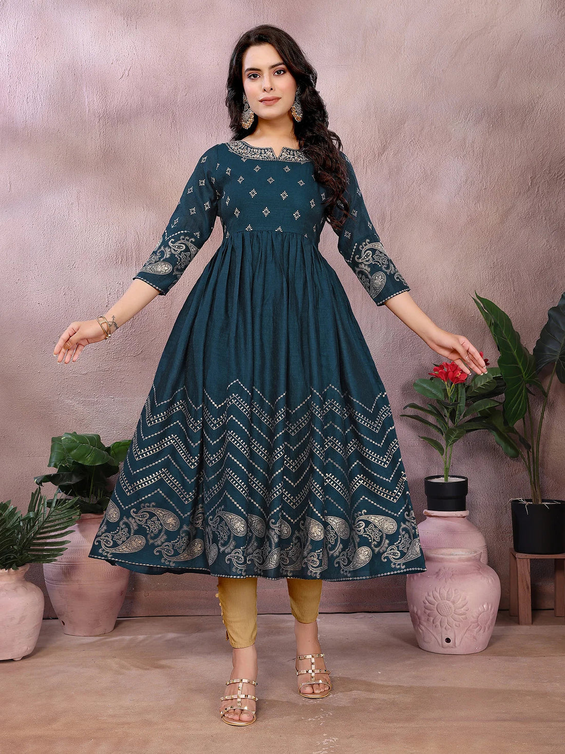 Buy Polyester Printed Anarkali Calf Length Kurta-Teal