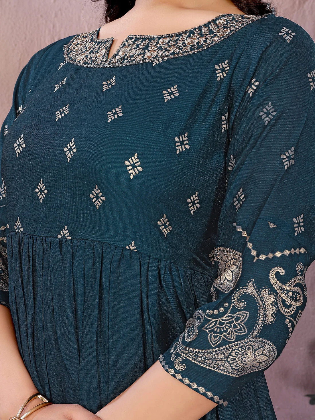 Buy Polyester Printed Anarkali Calf Length Kurta-Teal