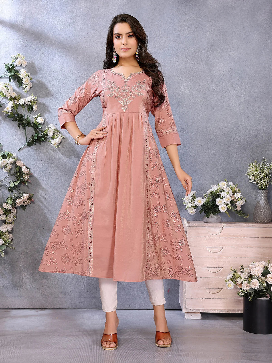 Buy Viscose Poly Printed Anarkali Calf Length Kurta-Peach