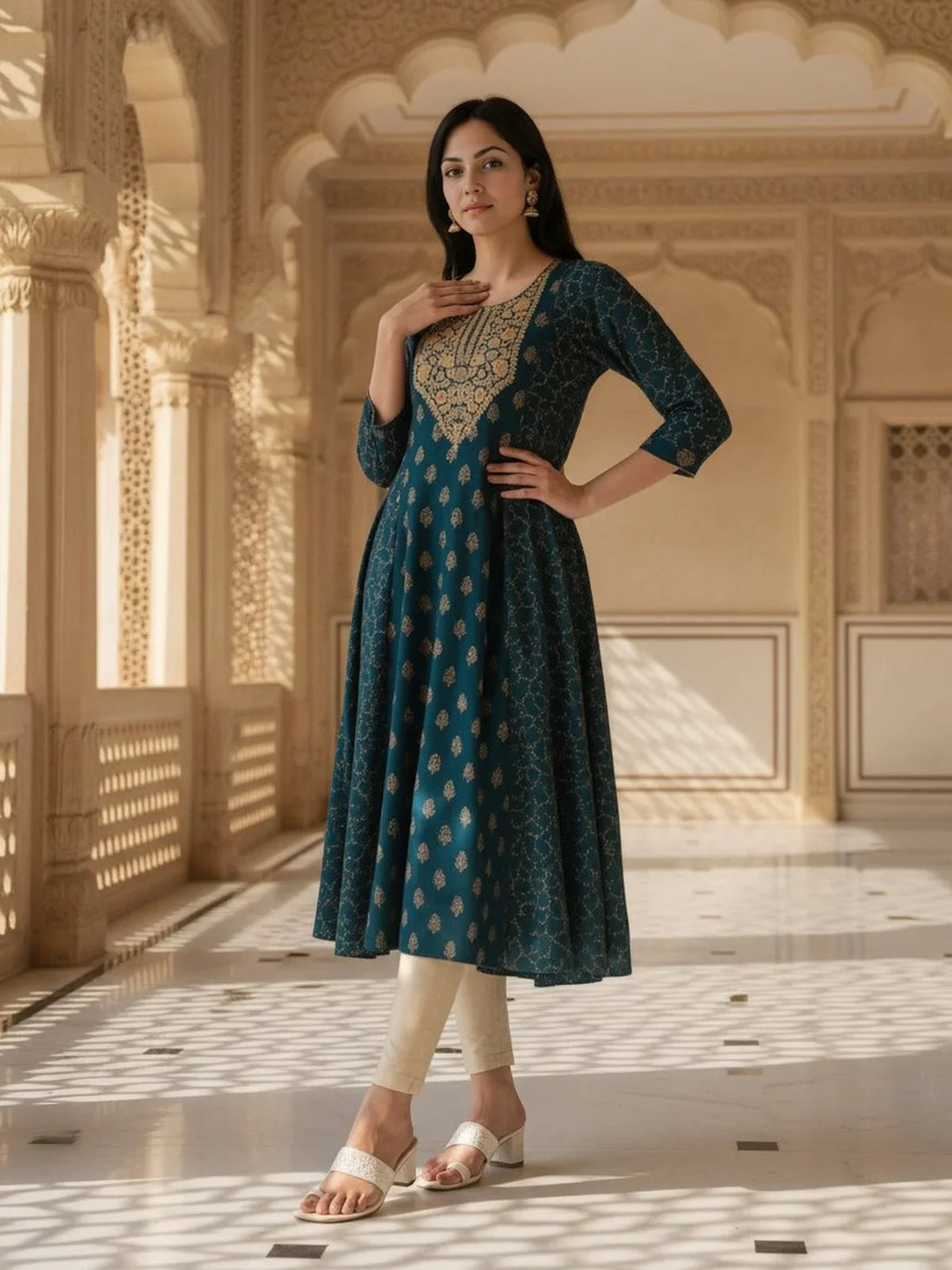 Buy Poly Viscose Embroidered Anarkali Calf Length Kurta-Teal