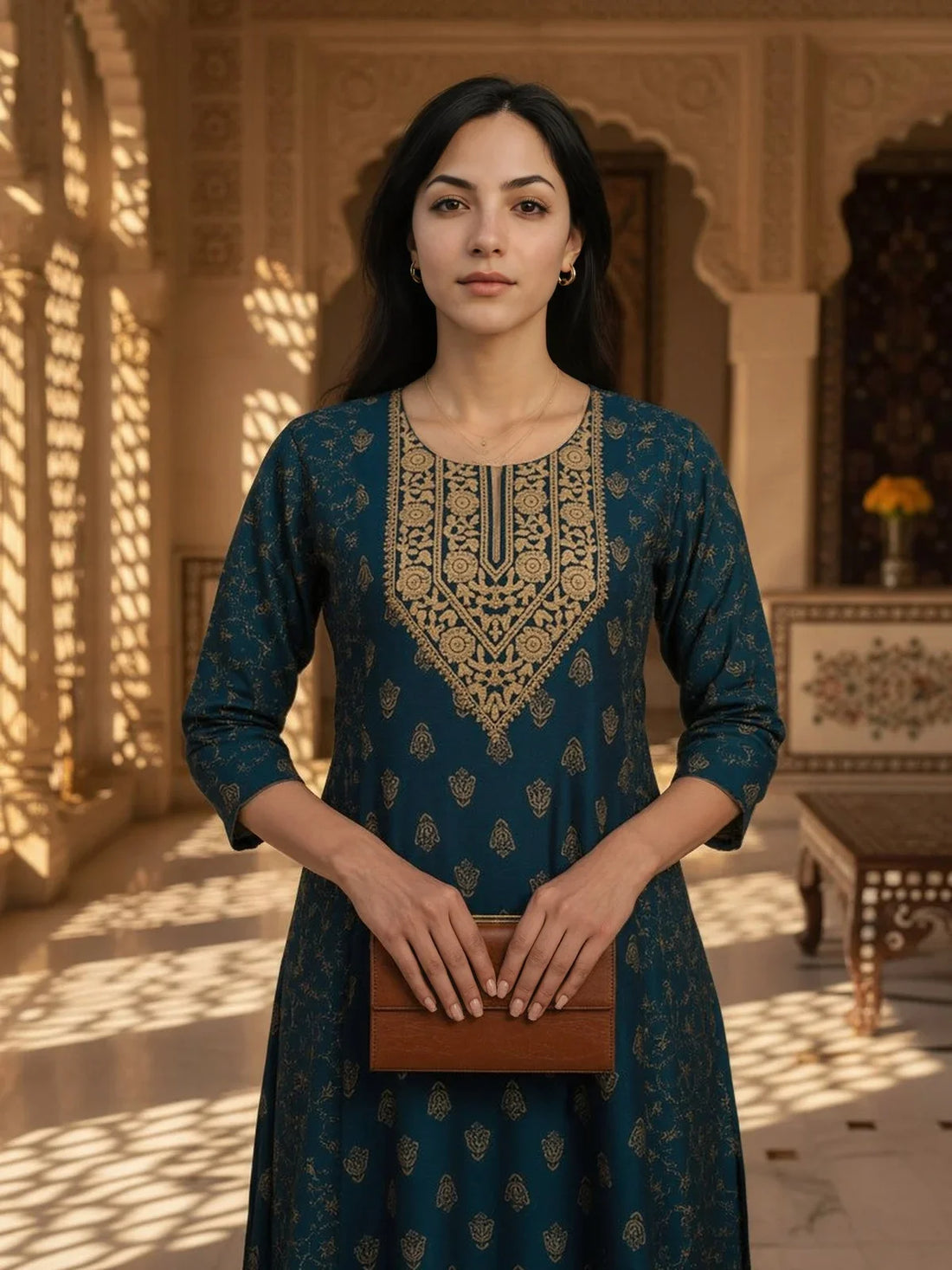Buy Poly Viscose Embroidered Anarkali Calf Length Kurta-Teal