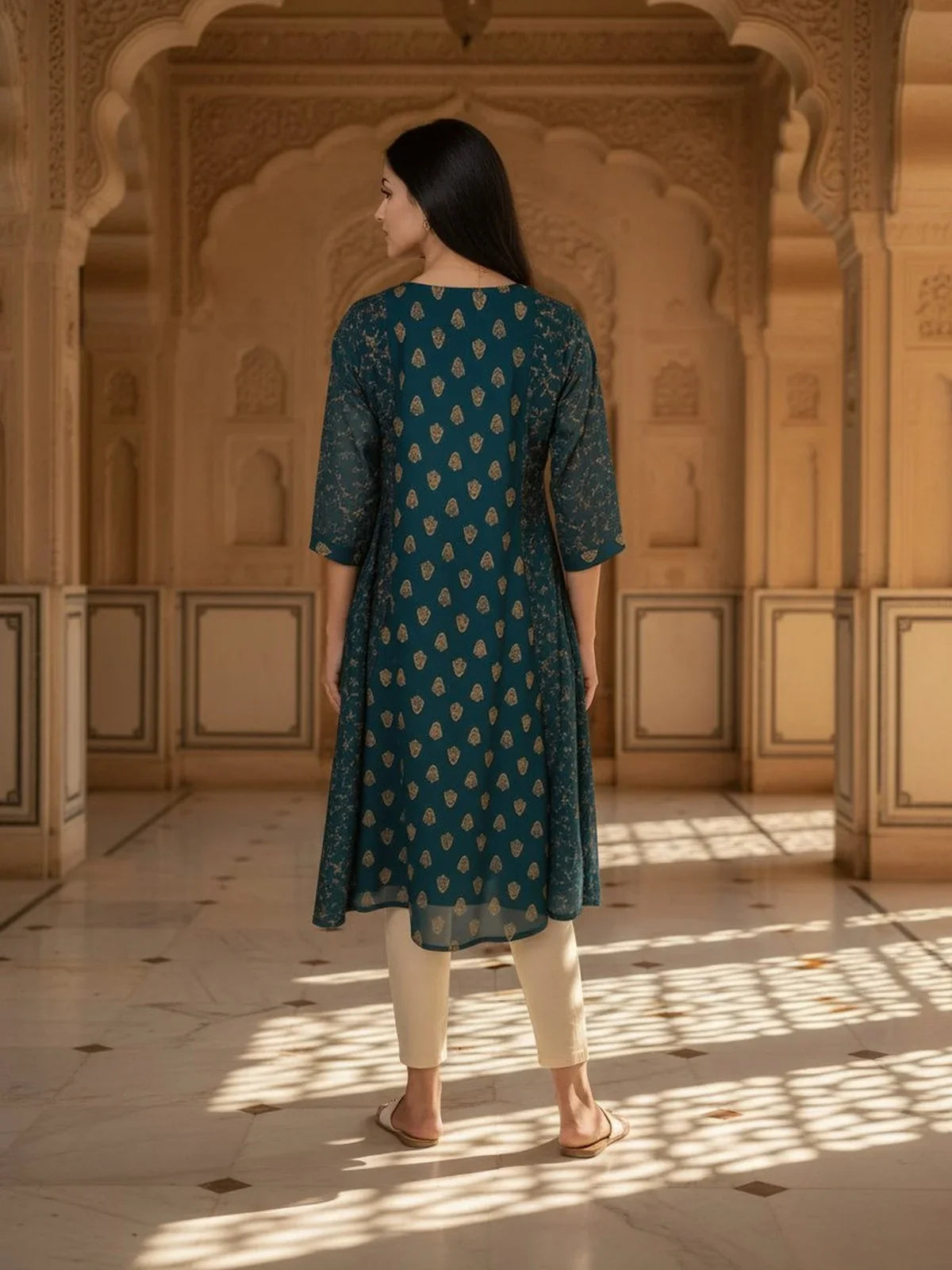 Buy Poly Viscose Embroidered Anarkali Calf Length Kurta-Teal