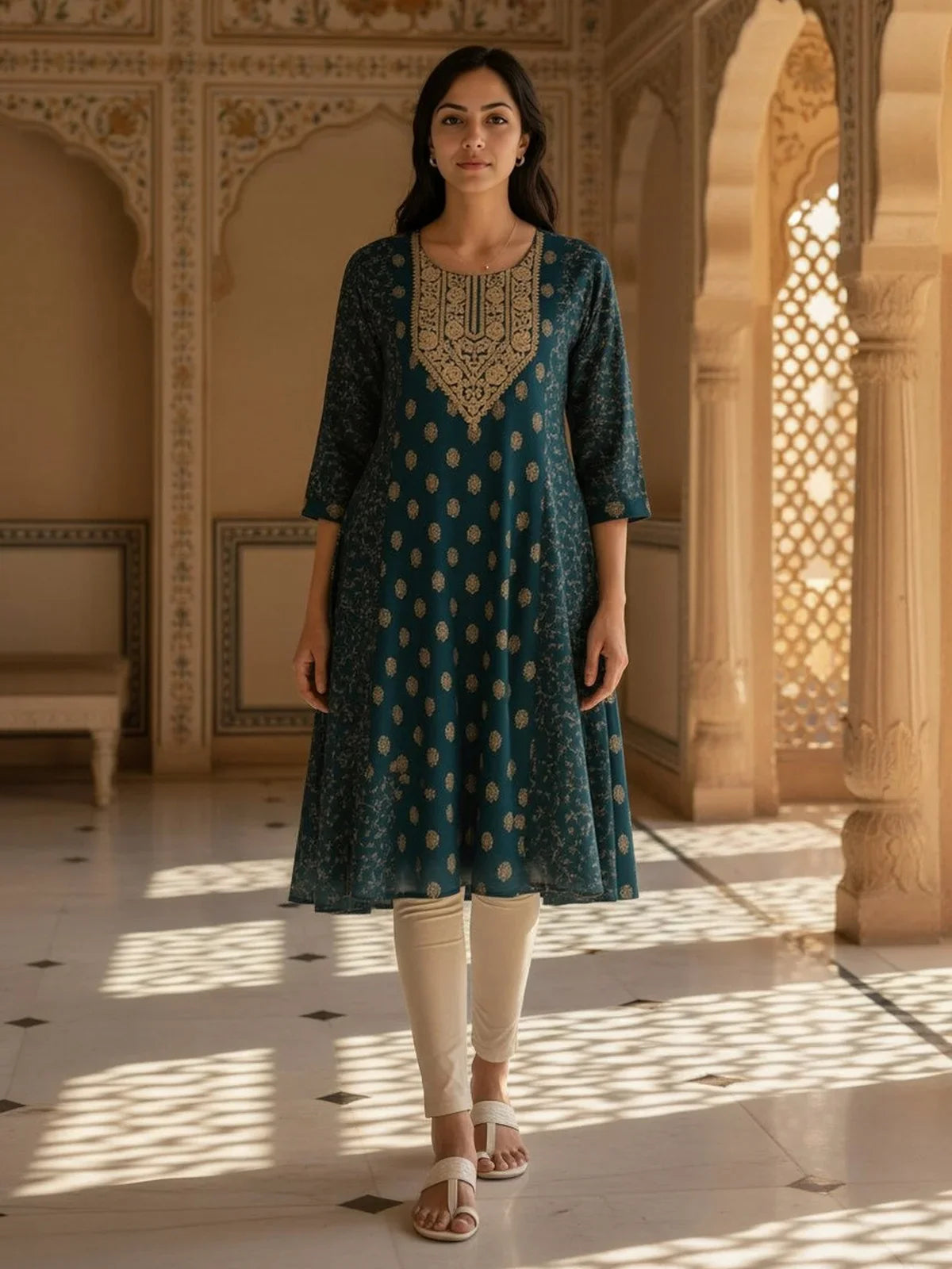 Buy Poly Viscose Embroidered Anarkali Calf Length Kurta-Teal