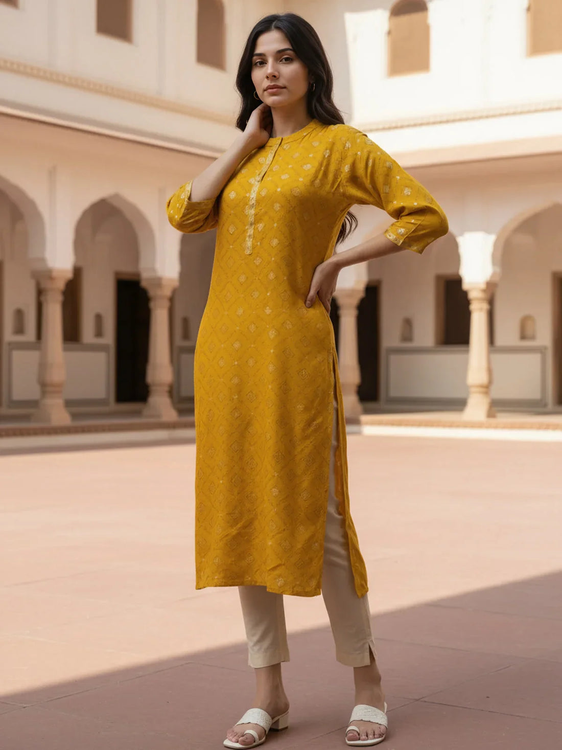 Buy Viscose Rayon Printed Straight Calf Length Kurta-Mustard