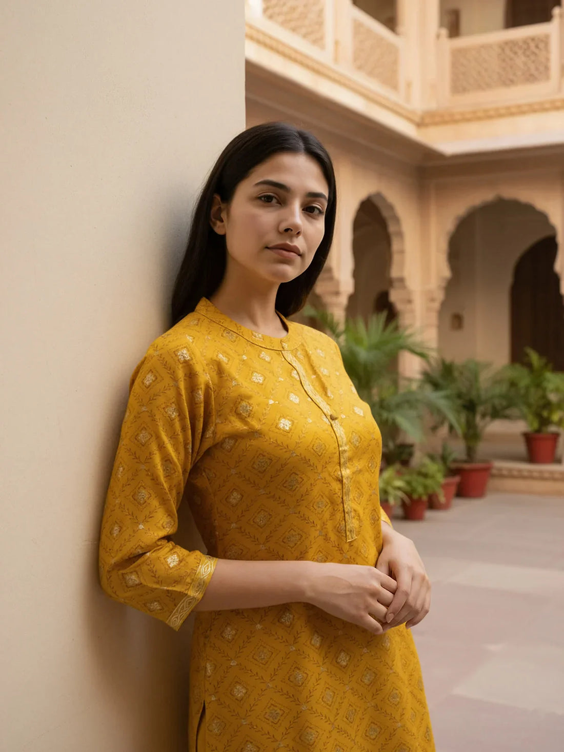 Buy Viscose Rayon Printed Straight Calf Length Kurta-Mustard