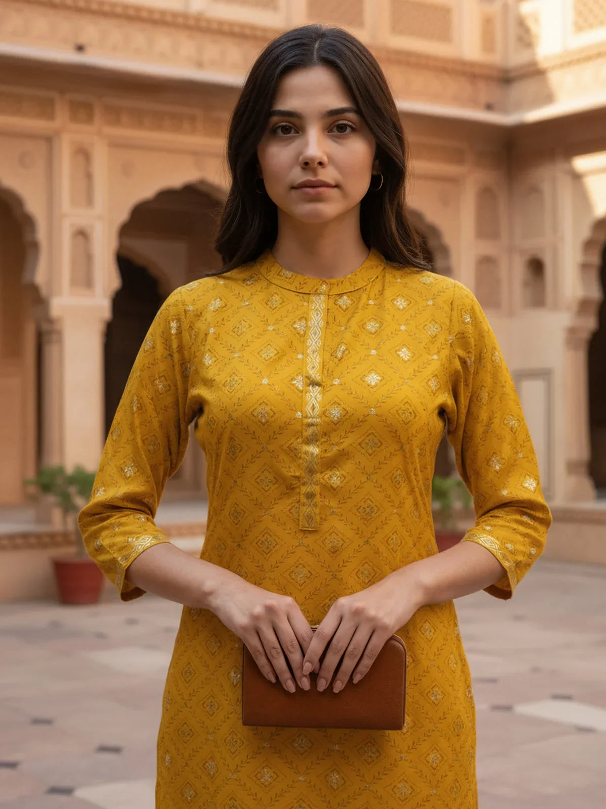 Buy Viscose Rayon Printed Straight Calf Length Kurta-Mustard