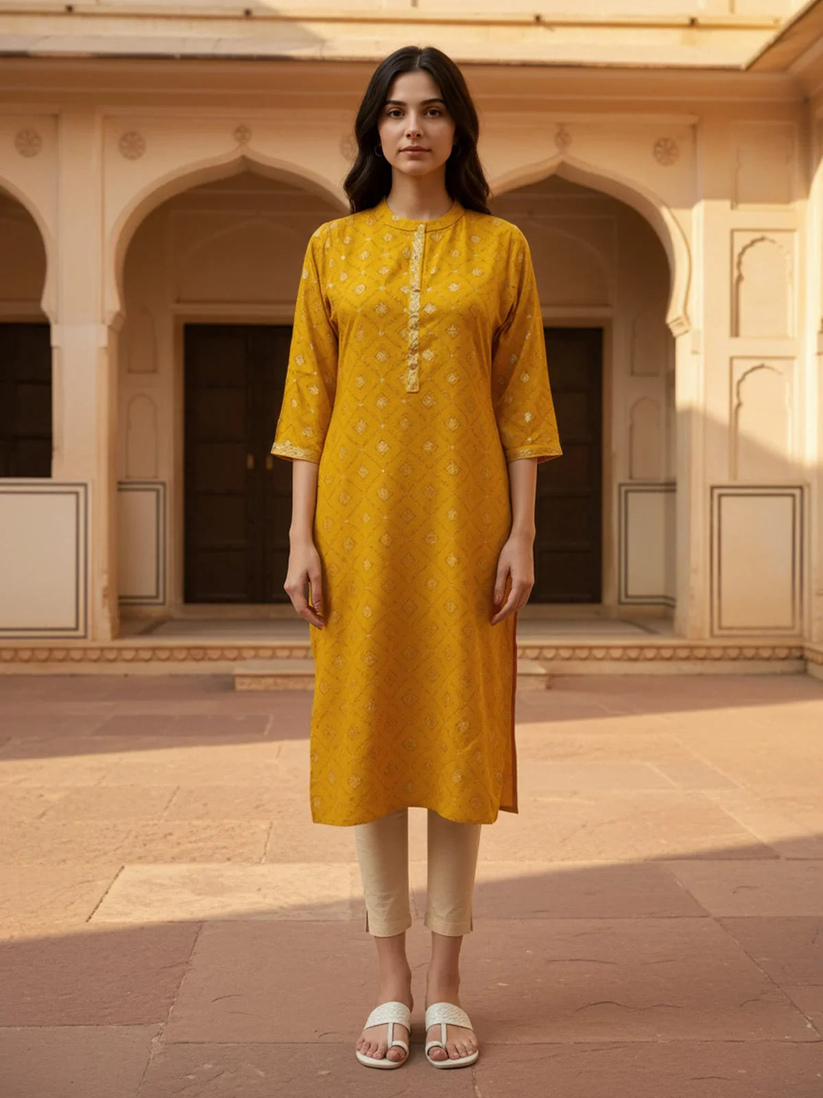 Buy Viscose Rayon Printed Straight Calf Length Kurta-Mustard