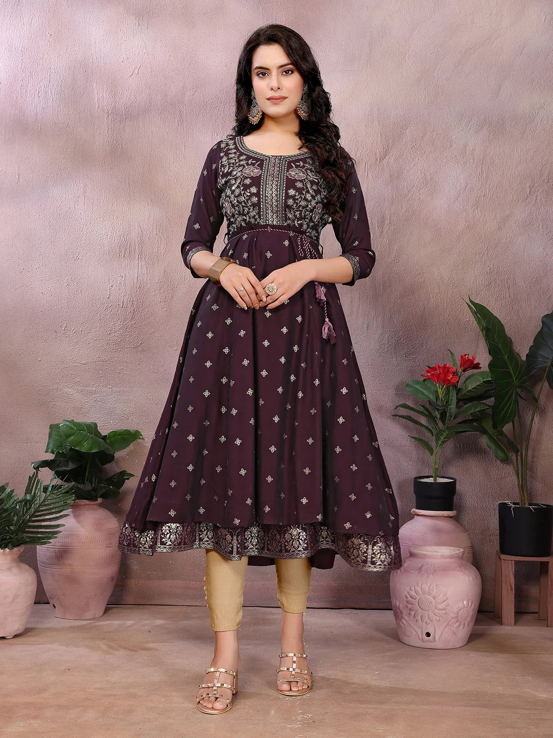 Buy Viscose Poly Printed Anarkali Calf Length Kurta-Wine