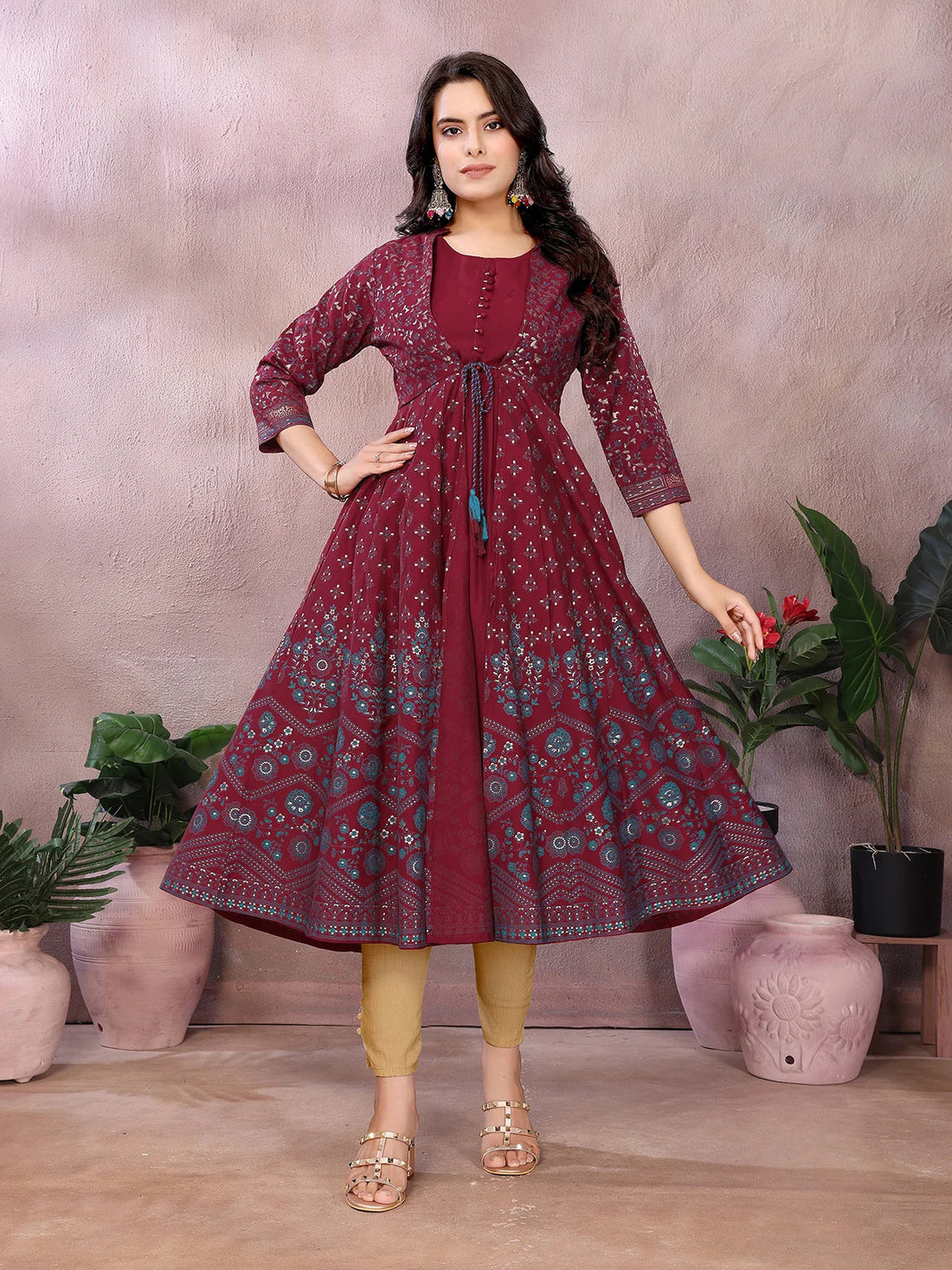 Buy Viscose Poly Printed Anarkali Calf Length Kurta-Maroon