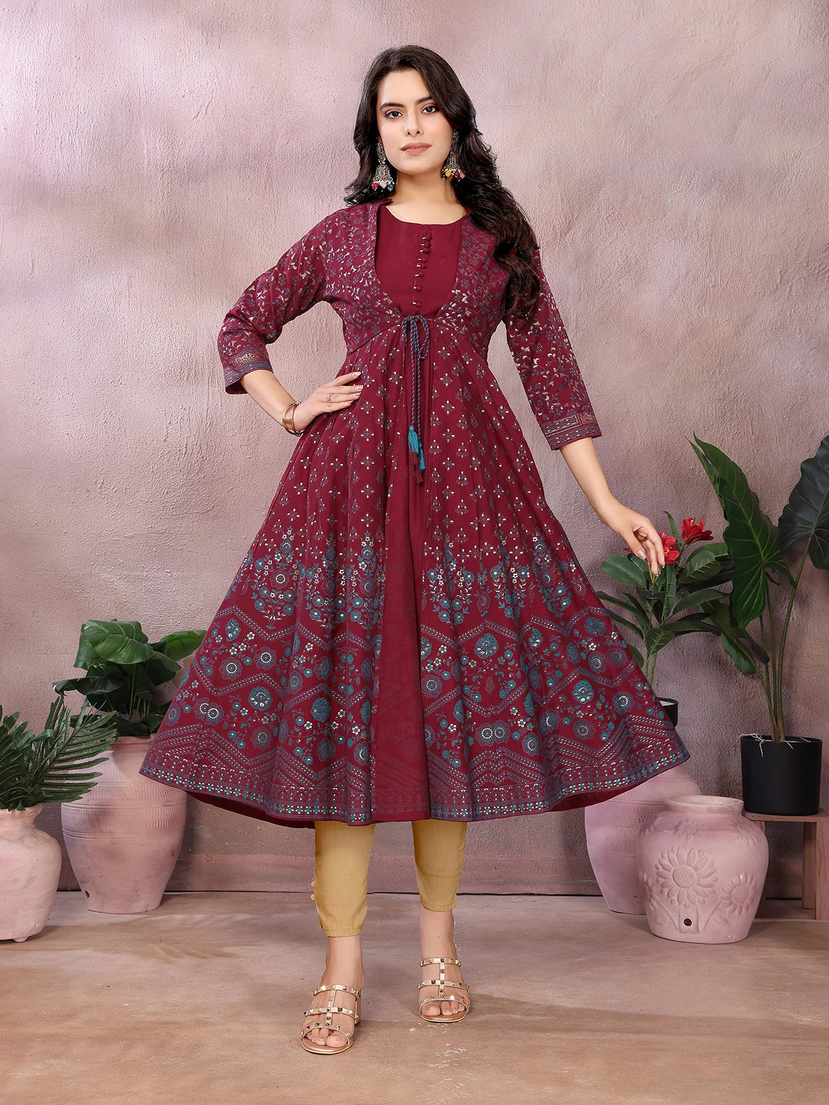 Buy Viscose Poly Printed Anarkali Calf Length Kurta-Maroon
