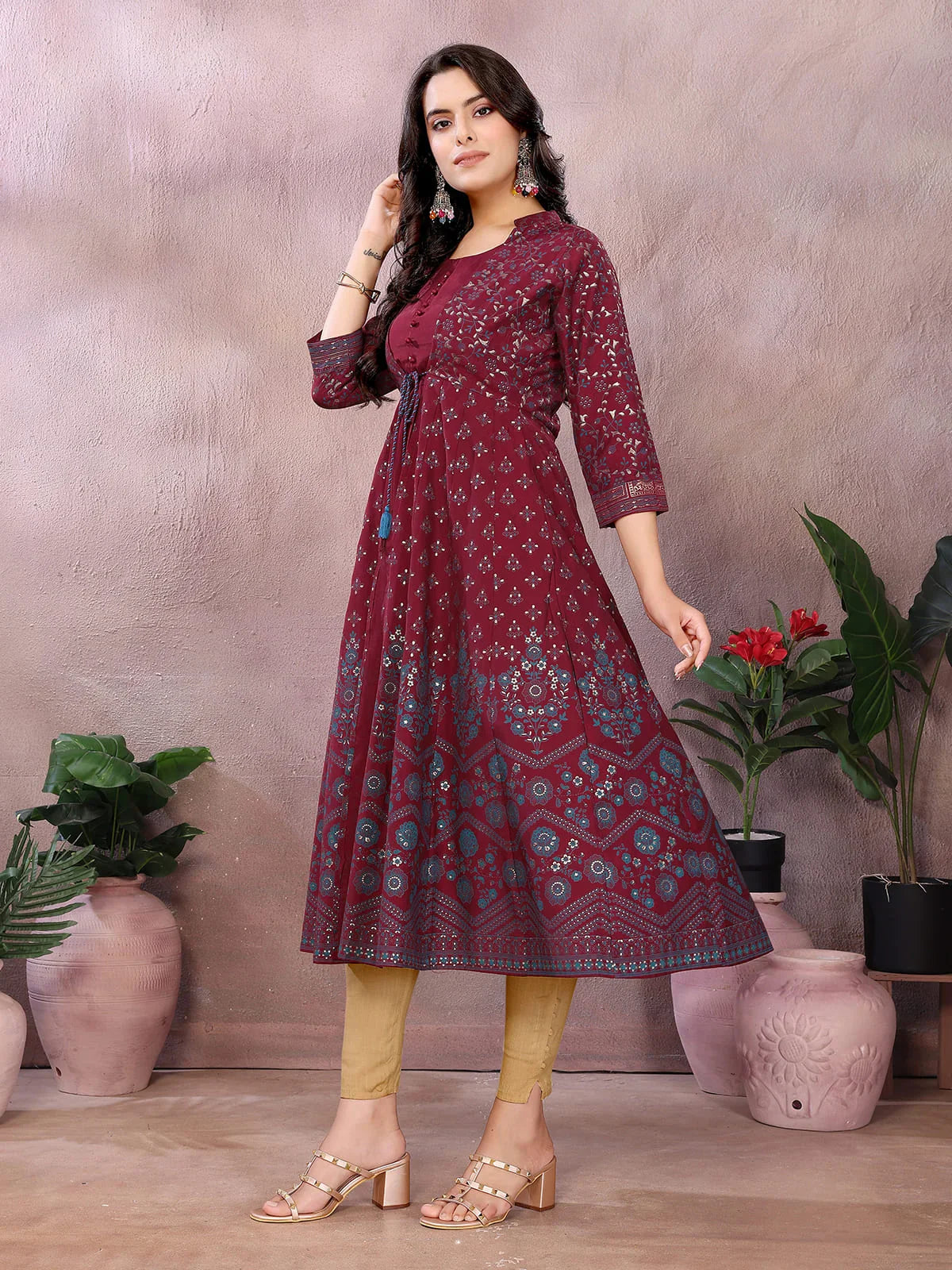Buy Viscose Poly Printed Anarkali Calf Length Kurta-Maroon