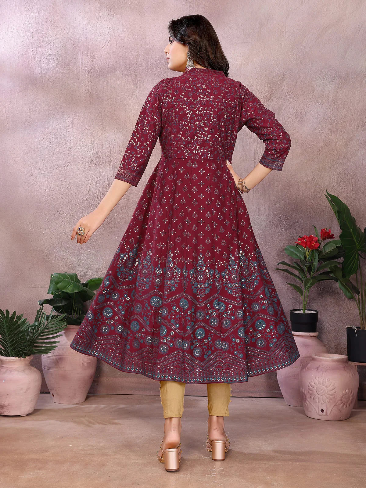 Buy Viscose Poly Printed Anarkali Calf Length Kurta-Maroon