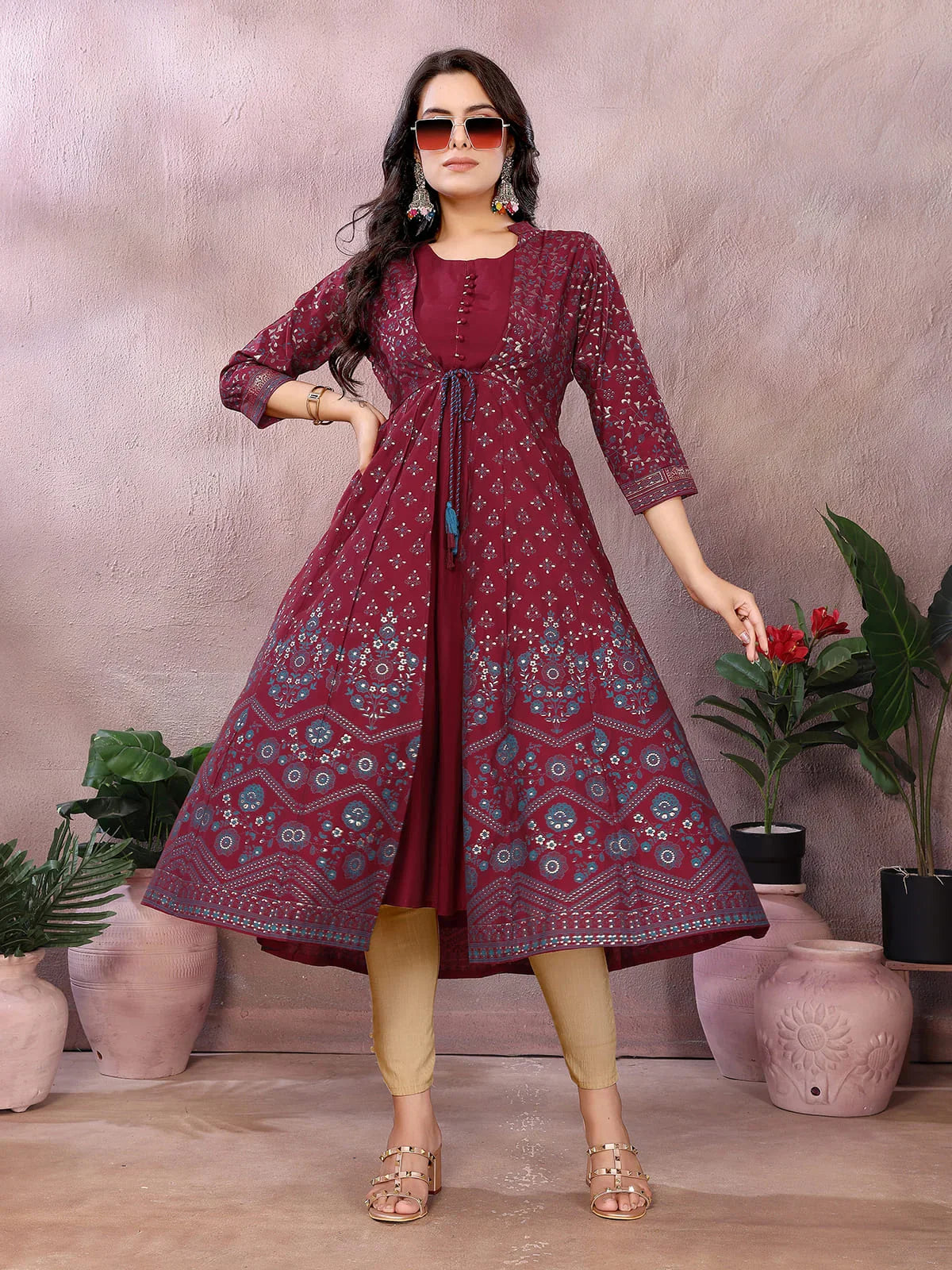 Buy Viscose Poly Printed Anarkali Calf Length Kurta-Maroon