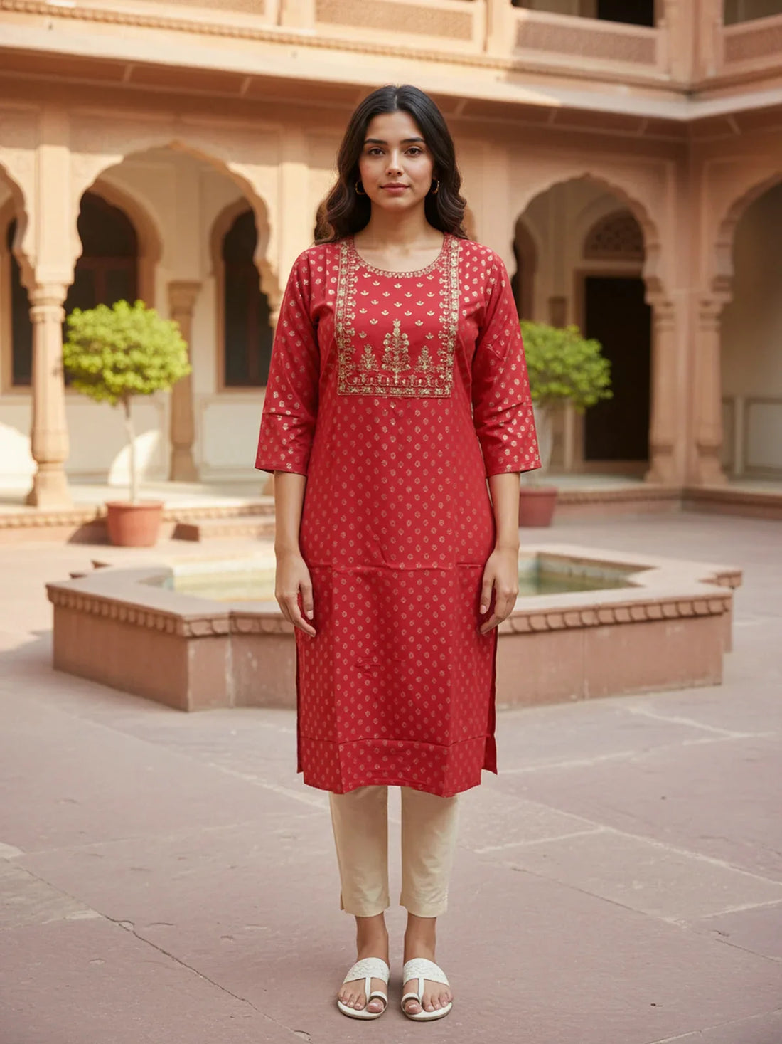 Buy Viscose Rayon EmbroideStraight Calf Length Kurta-Red