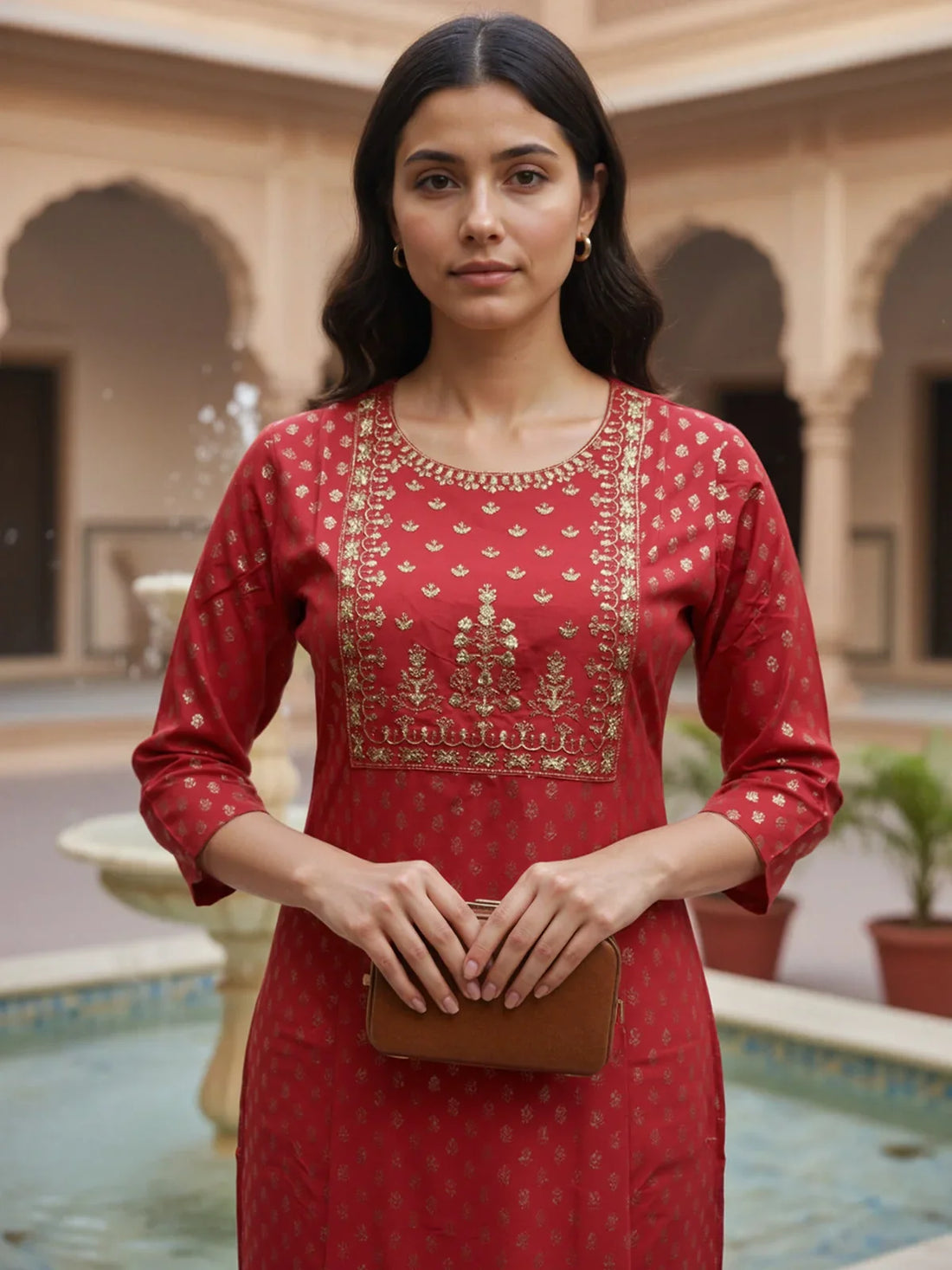 Buy Viscose Rayon EmbroideStraight Calf Length Kurta-Red