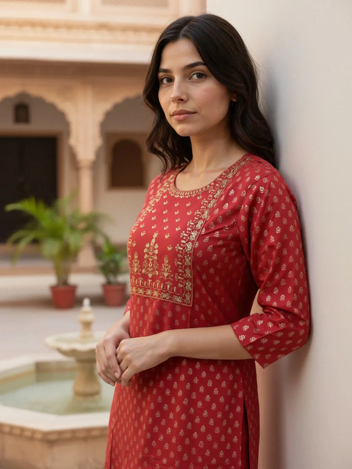Buy Viscose Rayon EmbroideStraight Calf Length Kurta-Red
