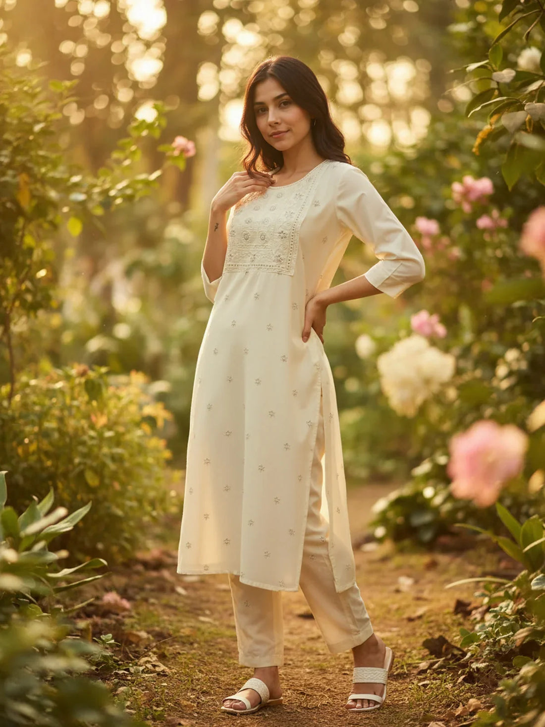 Buy Poly Viscose Embroidered Straight Calf Length Kurta-Off White